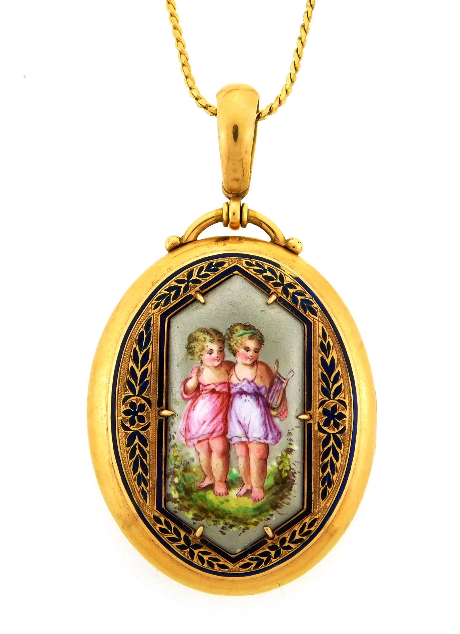 JEWELRY: 14K Miniature painted oval locket, hinged front and bail, tested 14K yellow gold, blue (1 of 5)