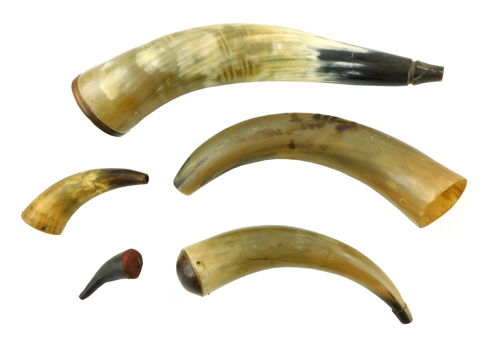 Five 19th C. powder horns; two priming; two with flat wood lids and two with domed wood lids, one (1 of 2)