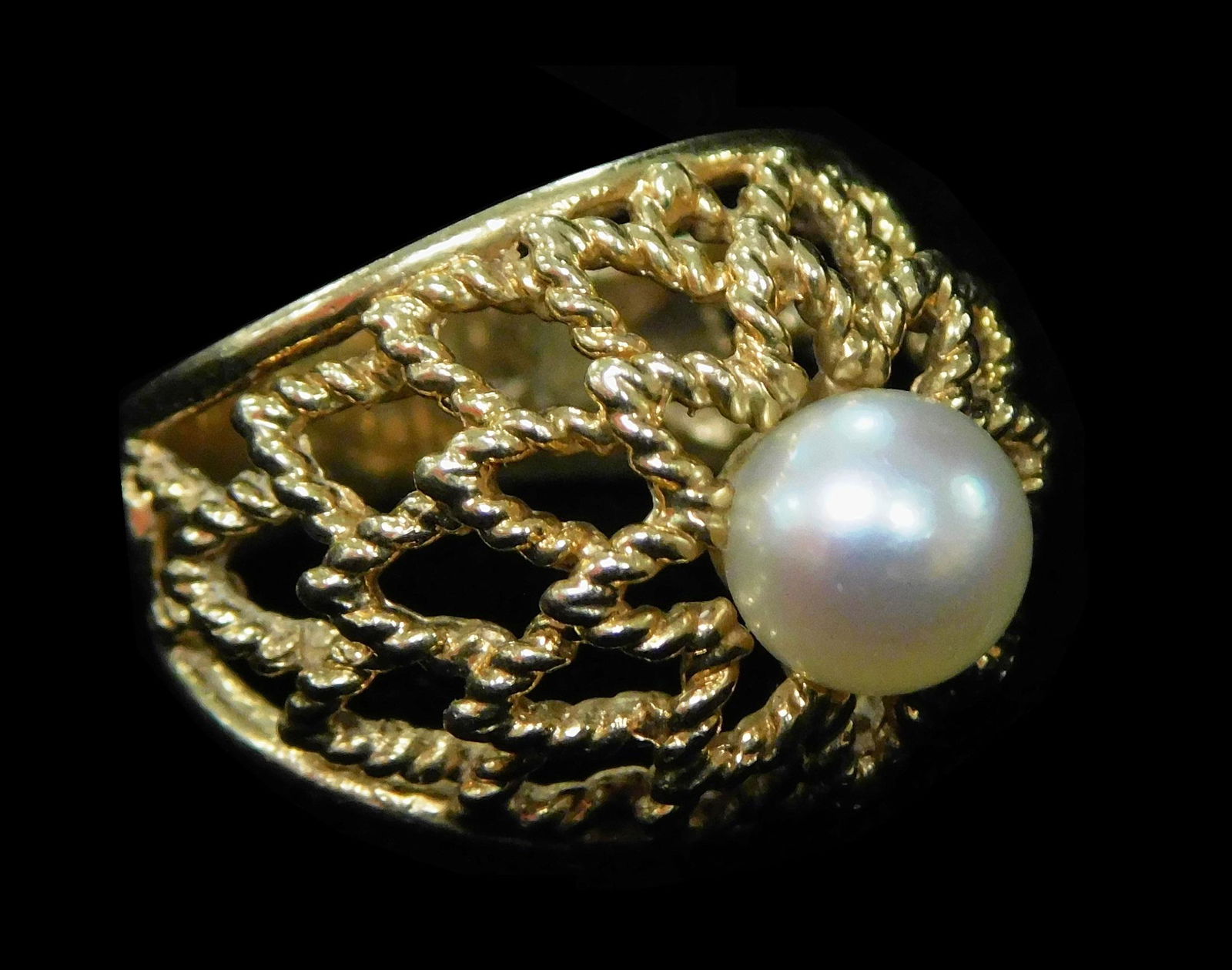 JEWELRY: 14K Pearl ring, stamped and tested â€œ14Kâ€ yellow gold setting with tapered open work (1 of 3)