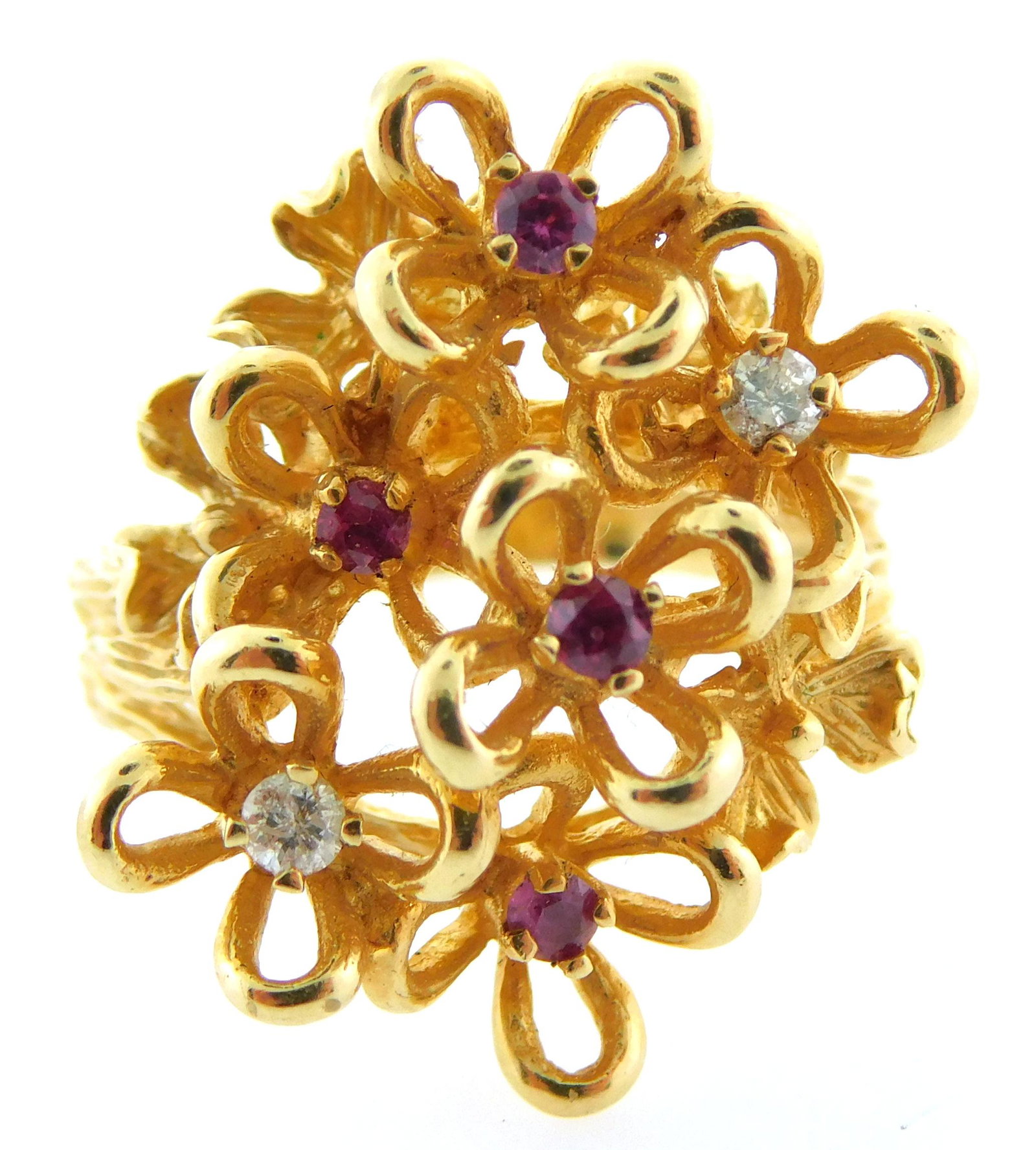 JEWELRY: 14K Ruby and diamond cluster ring, stamped and tested â€œ14Kâ€ yellow gold setting with (1 of 4)