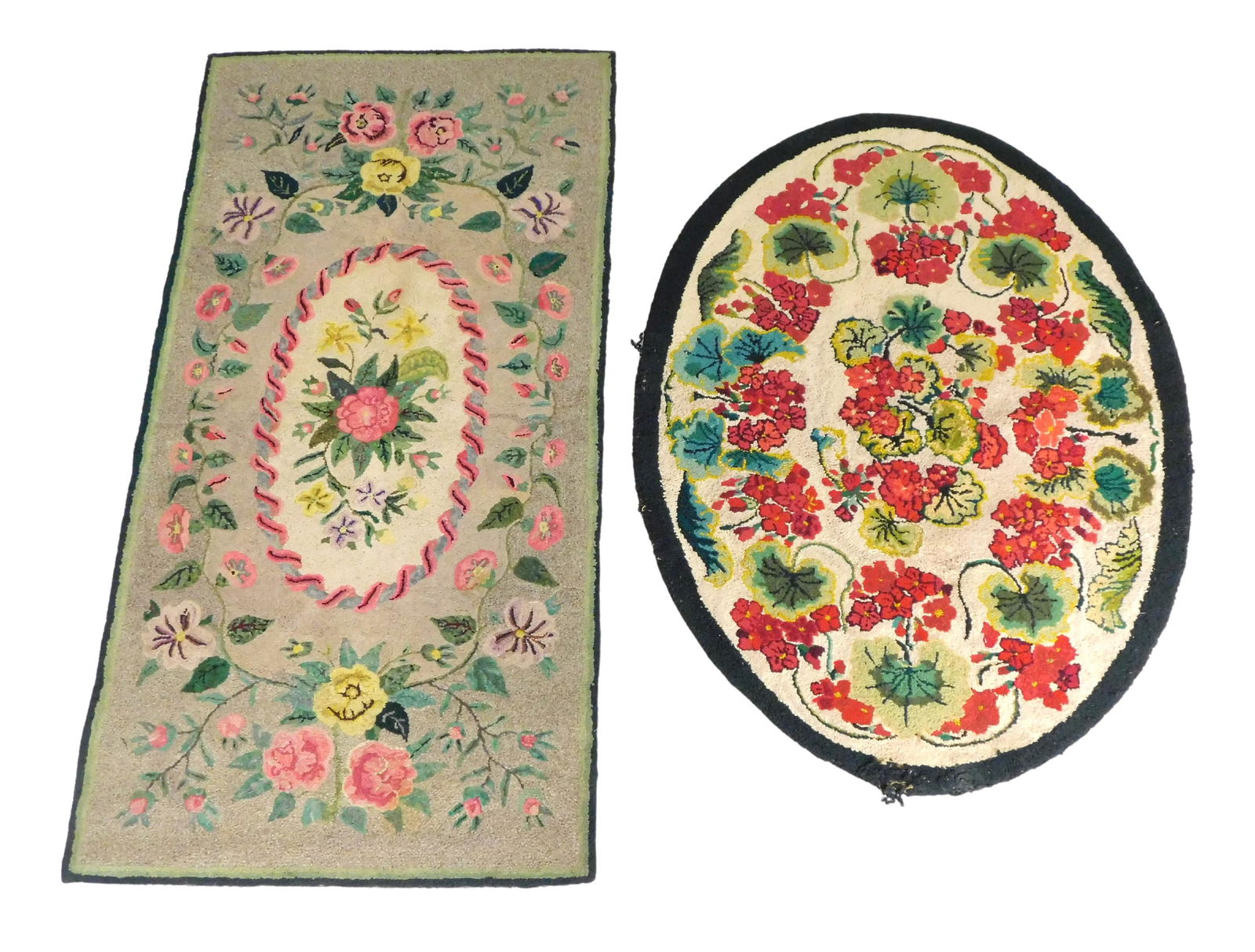 RUGS: Two hooked rugs, late 19th/ mid 20th C., both with floral design, one oval with bright pink (1 of 8)