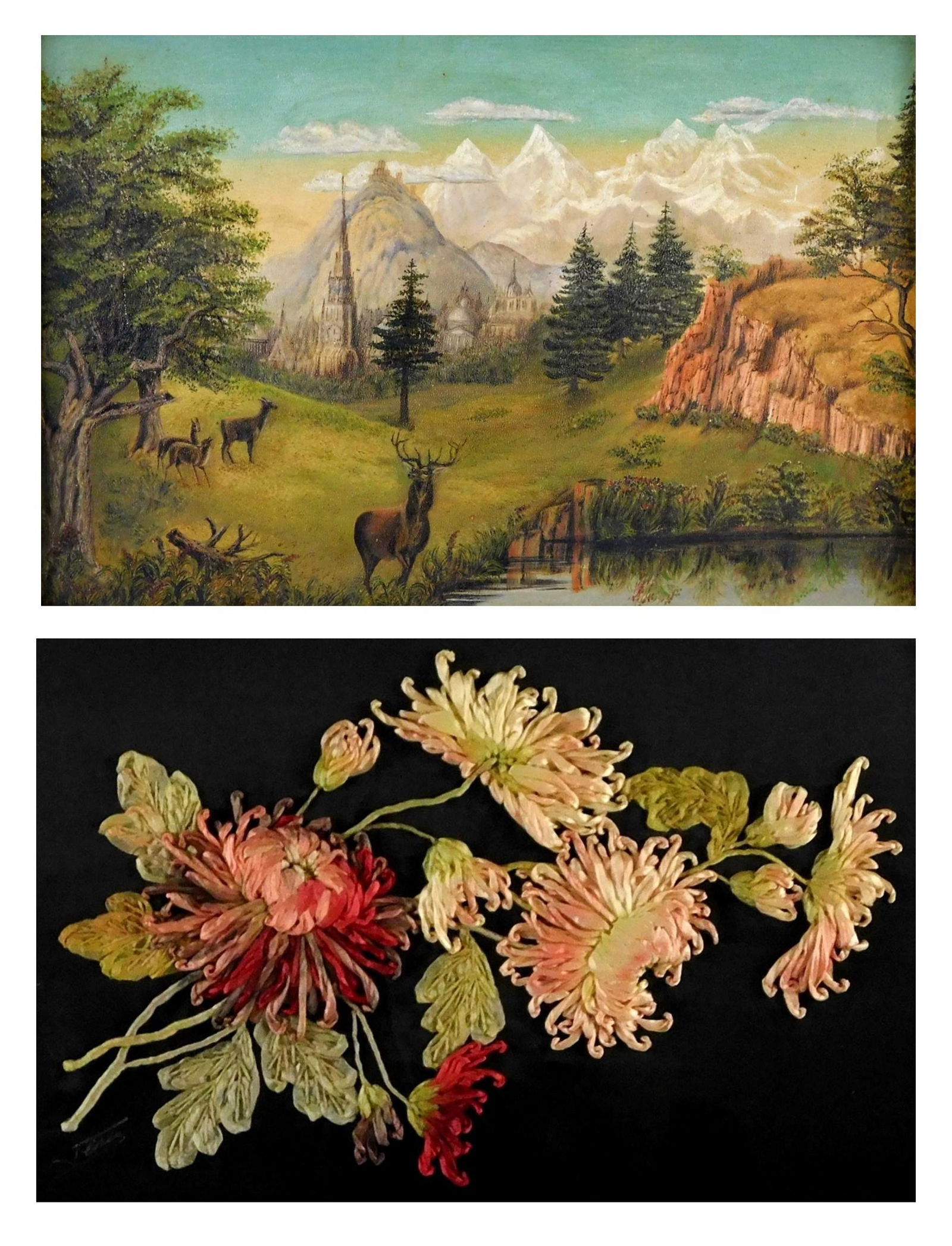 Two framed 19th C. artworks, one floral silk applique and one oil on board, details include: Floral (1 of 9)