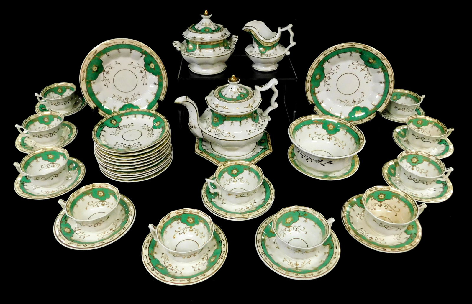 CHINA: Tea set and servingware, American, c. 1850, 40+ pieces with green, cream and gilt decoration (1 of 8)