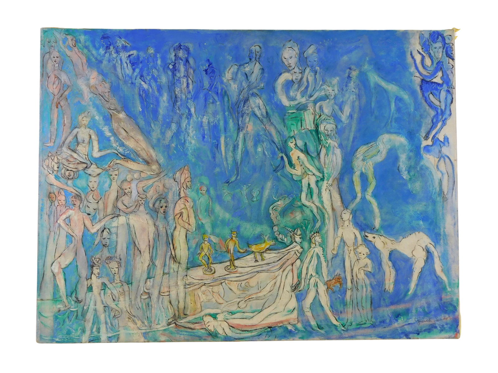 Gluck Sandor (American, 1899 - 1978) "Primavera" 1976, oil on canvas, surrealistic figures appear to (1 of 2)