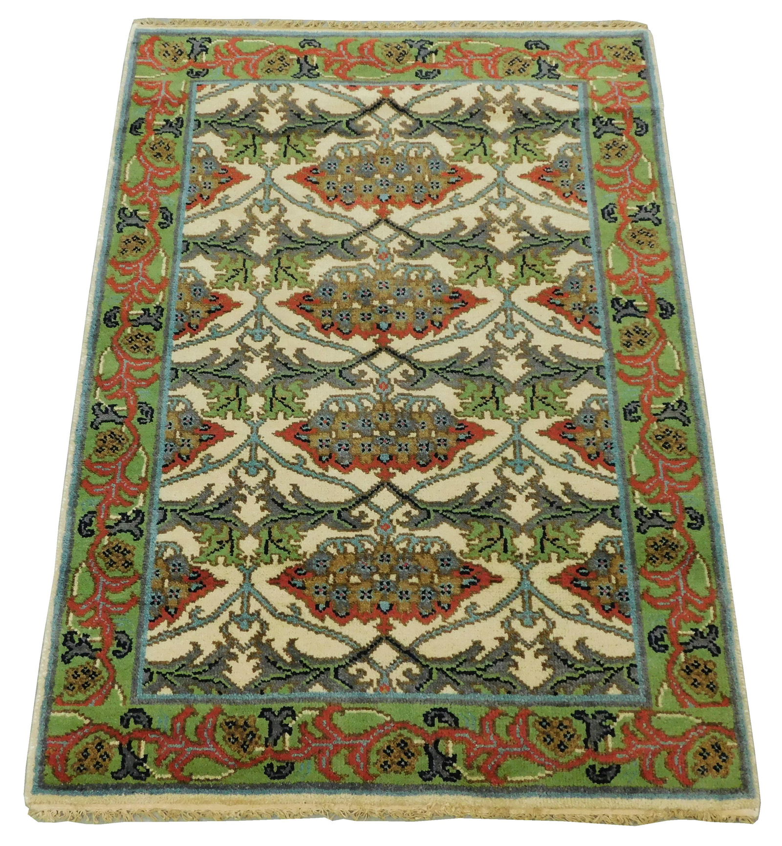 RUG: William Morris style arts & crafts, 4' 1" x 6', handwoven, cream field with light green border, (1 of 3)