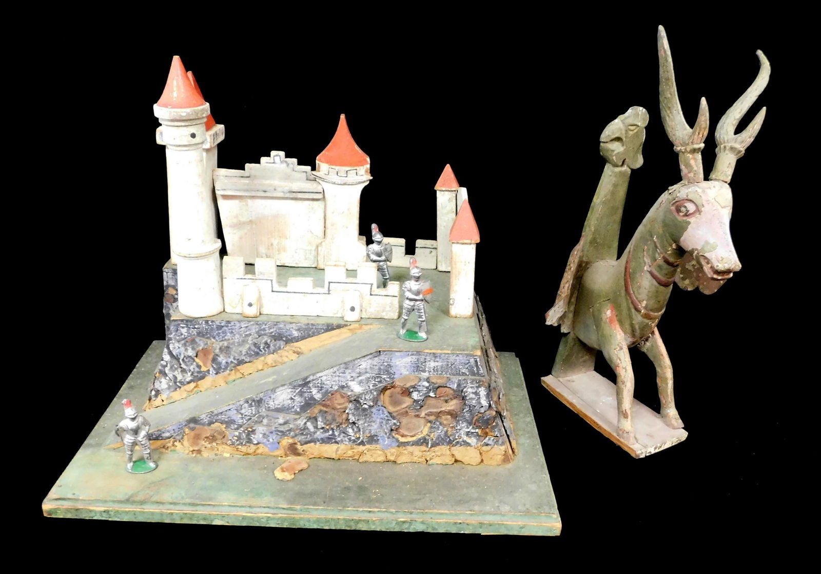 FOLK ART: Two pieces including mythical stag wall hanging and castle: front half of stag with well (1 of 5)