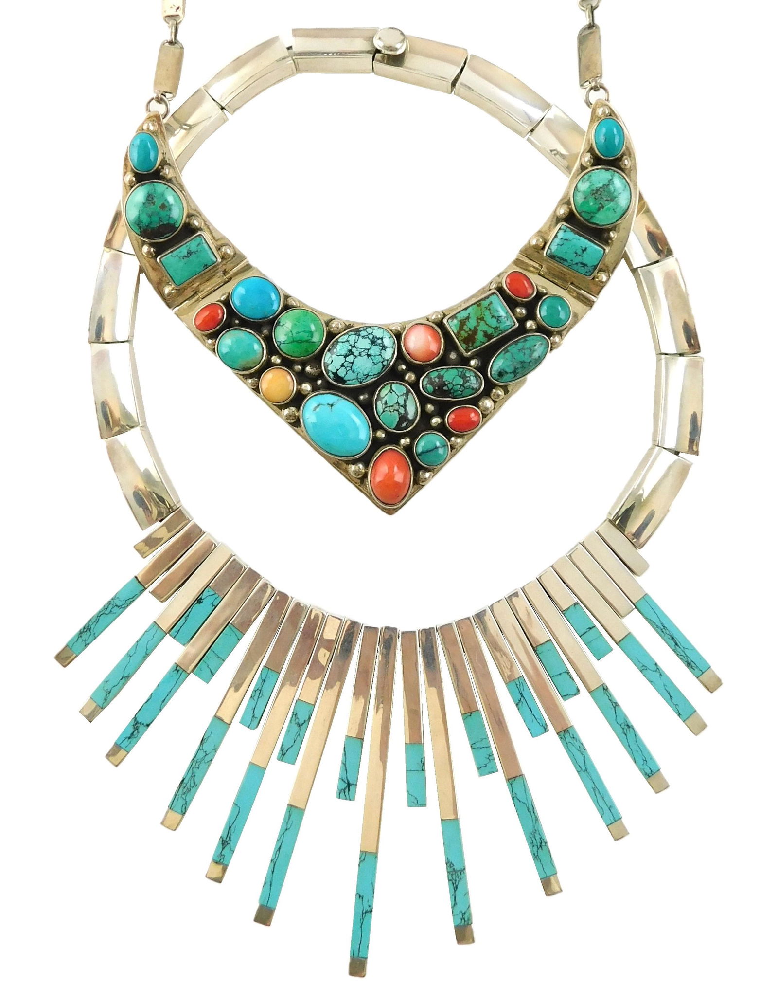 JEWELRY: Two sterling silver necklaces with stones, the first, a bib style choker with multi colored (1 of 6)