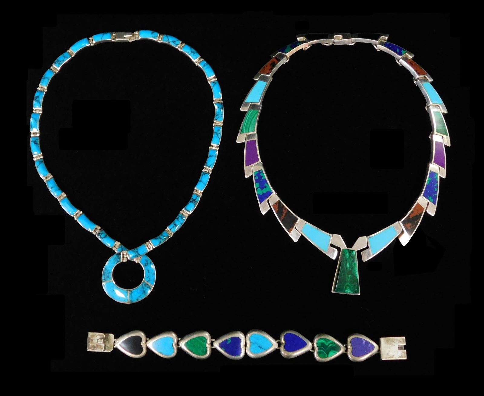 JEWELRY: Three pieces of Mexico silver, including a multi stone geometric link necklace, inlaid with (1 of 4)