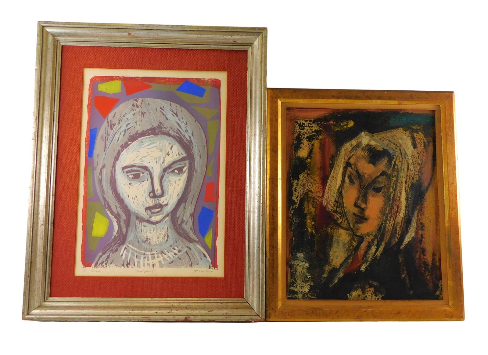 Two stylized portraits, the first, by Irving Amen (American, 1918 - 2011) "Head" wood block print, (1 of 7)