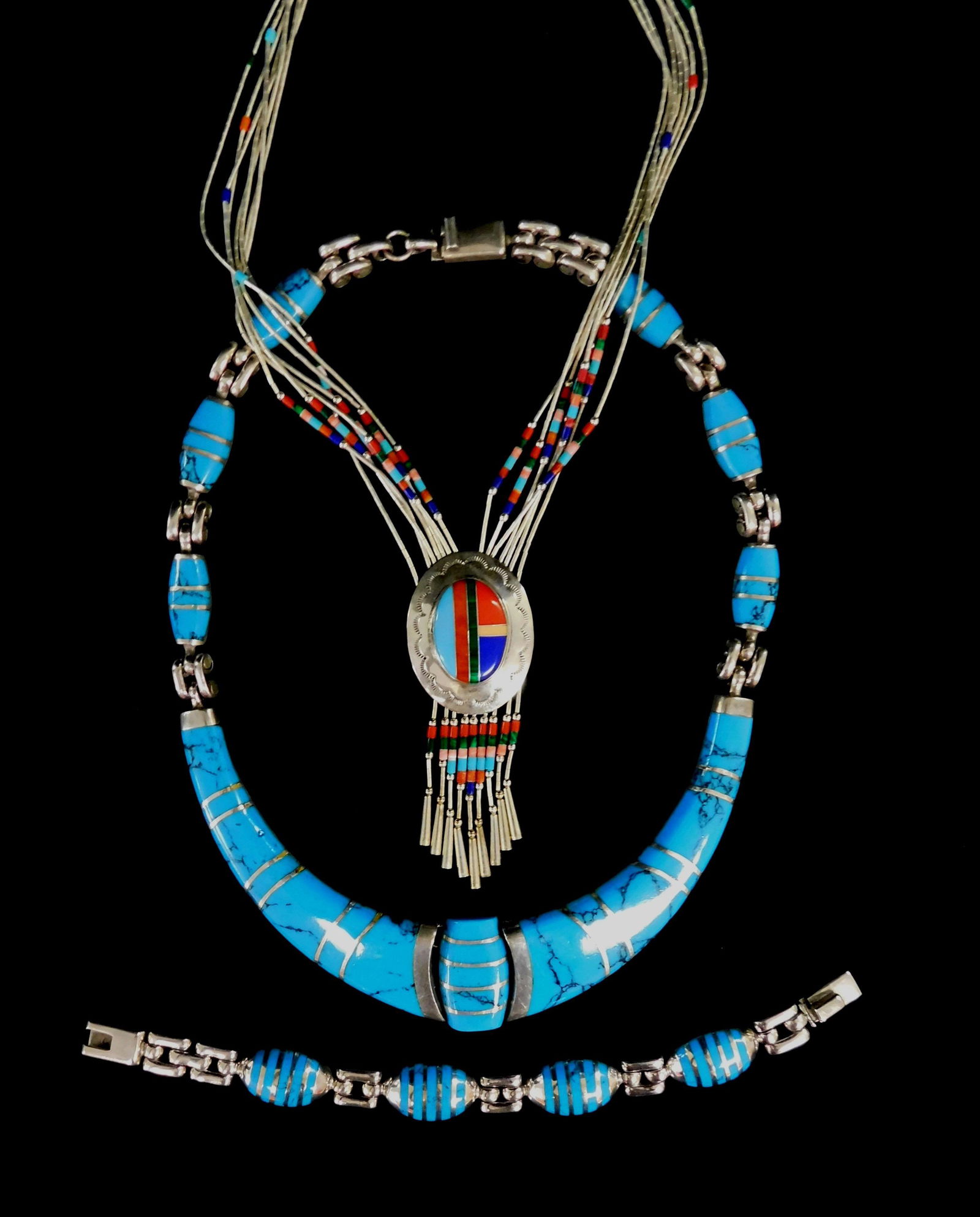 JEWELRY: Three pieces of southwest style / Mexico silver, including a bolo style pendant with (1 of 3)