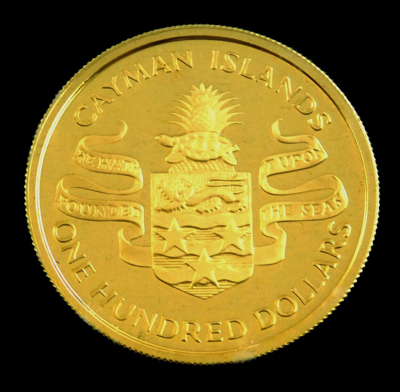 COIN: 1974 Cayman Islands $100 proof gold coin, in case of issue. Actual gold weight = 0.365 troy (1 of 4)