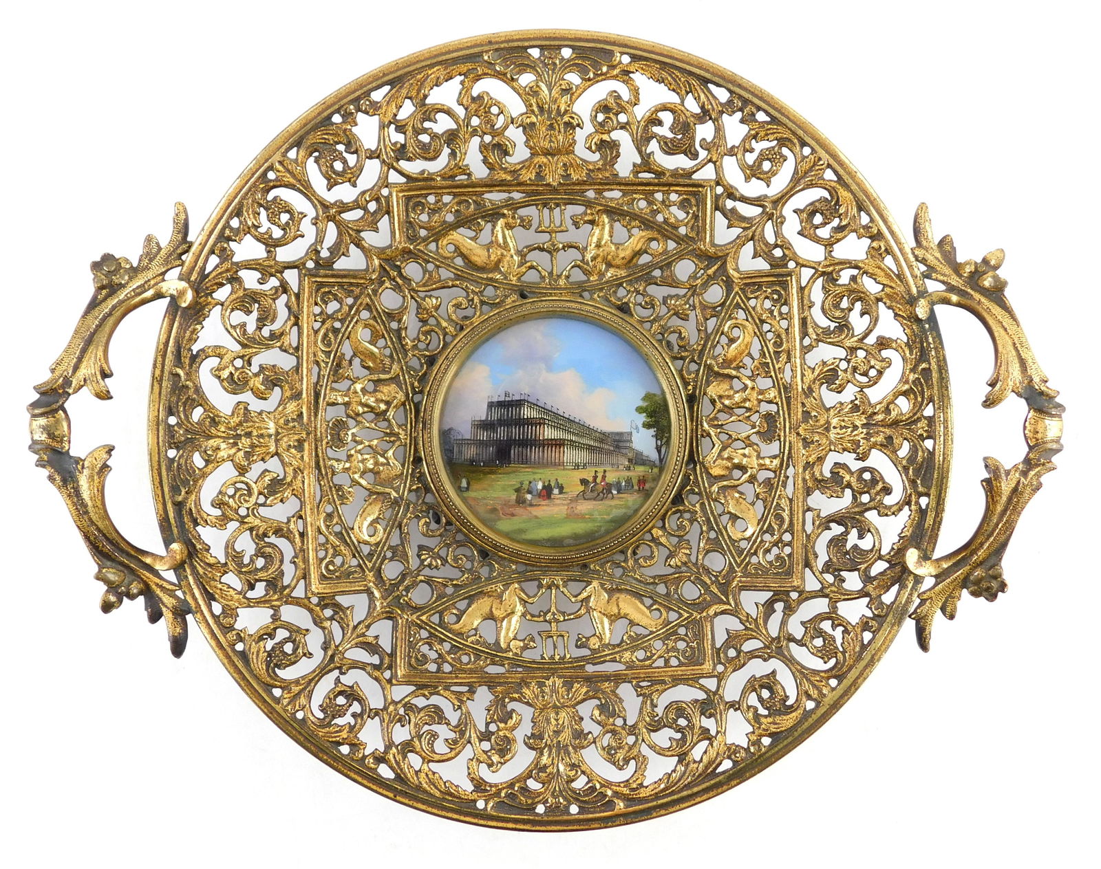 Reticulated brass centerpiece bowl on foot with hand-painted image of Crystal Palace, London, mid to (1 of 4)