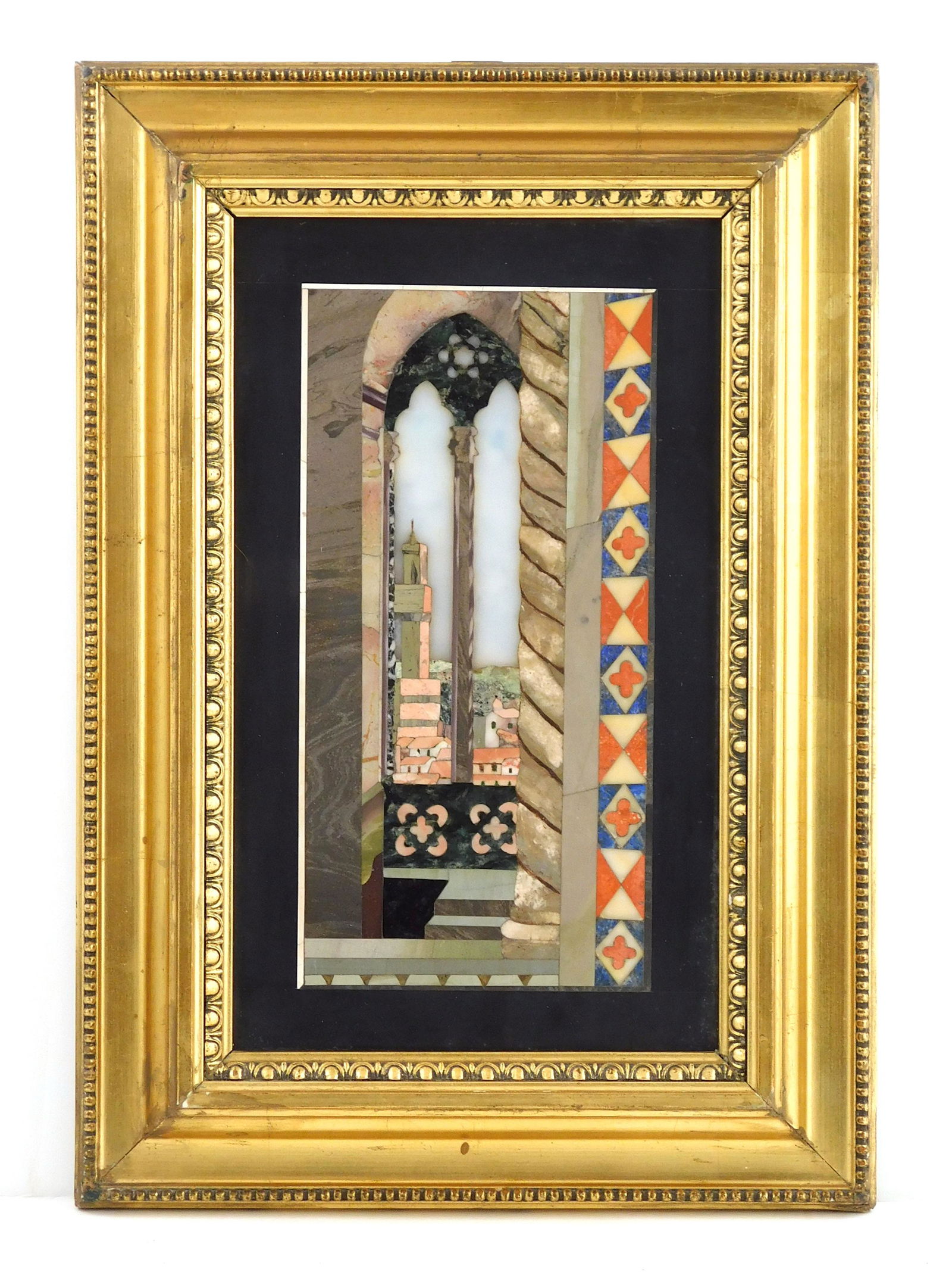 Pietra dura plaque mounted in frame, 19th C., voyeuristic view out of arched window to Italian (1 of 4)