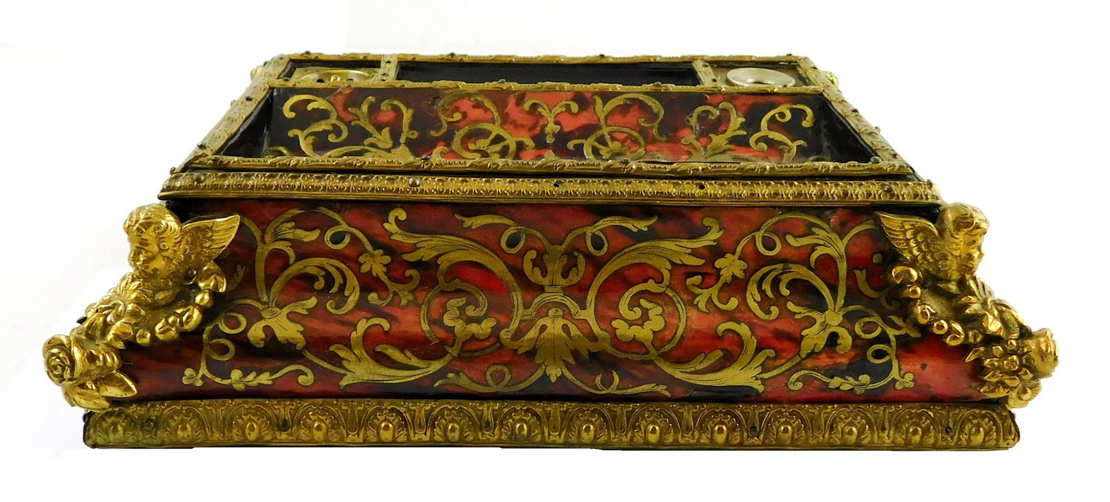 Boulle desk ink well, French, 19th C. Napoleon III style, red tortoiseshell type lacquered (1 of 3)