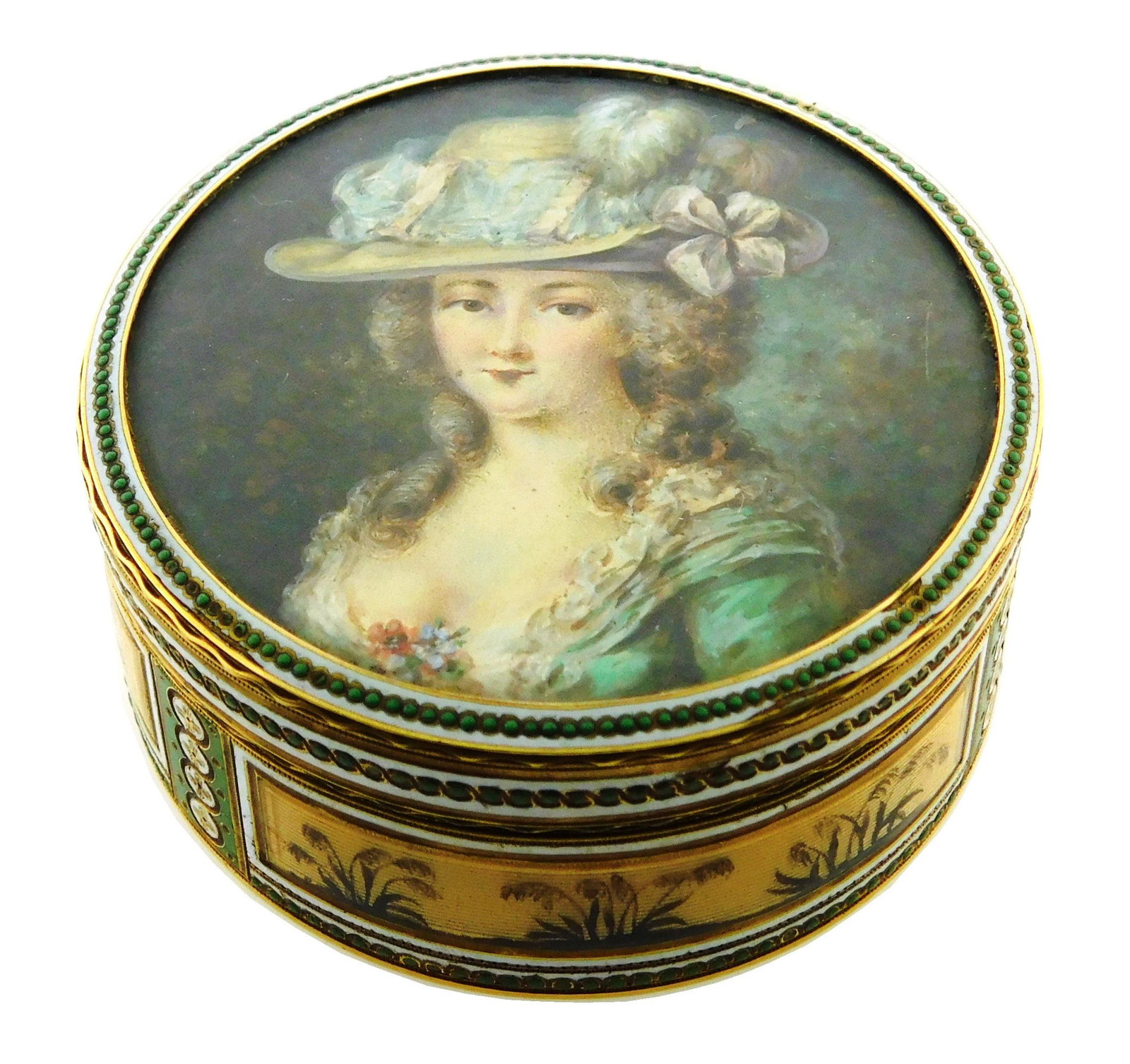 18K Round yellow gold and enamel snuff box, 18th C. or later, with miniature portrait of a woman in (1 of 6)