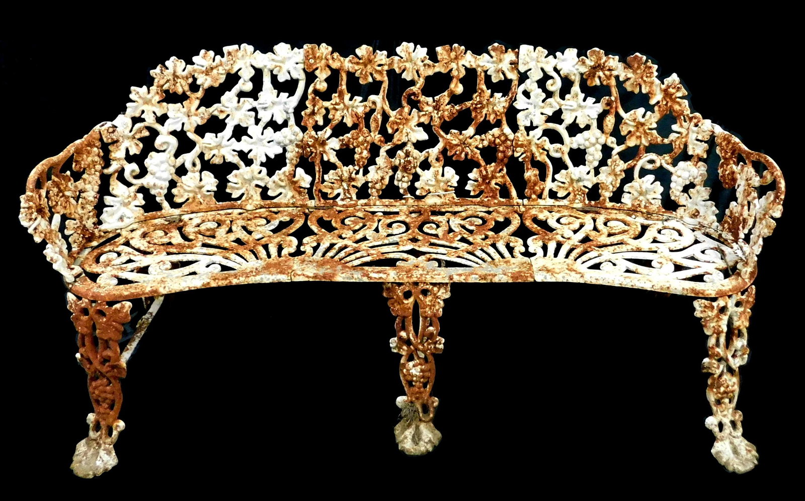 GARDEN: Cast iron bench with grape vine motif, painted white finish, heavy wear and loss/ damages (1 of 5)