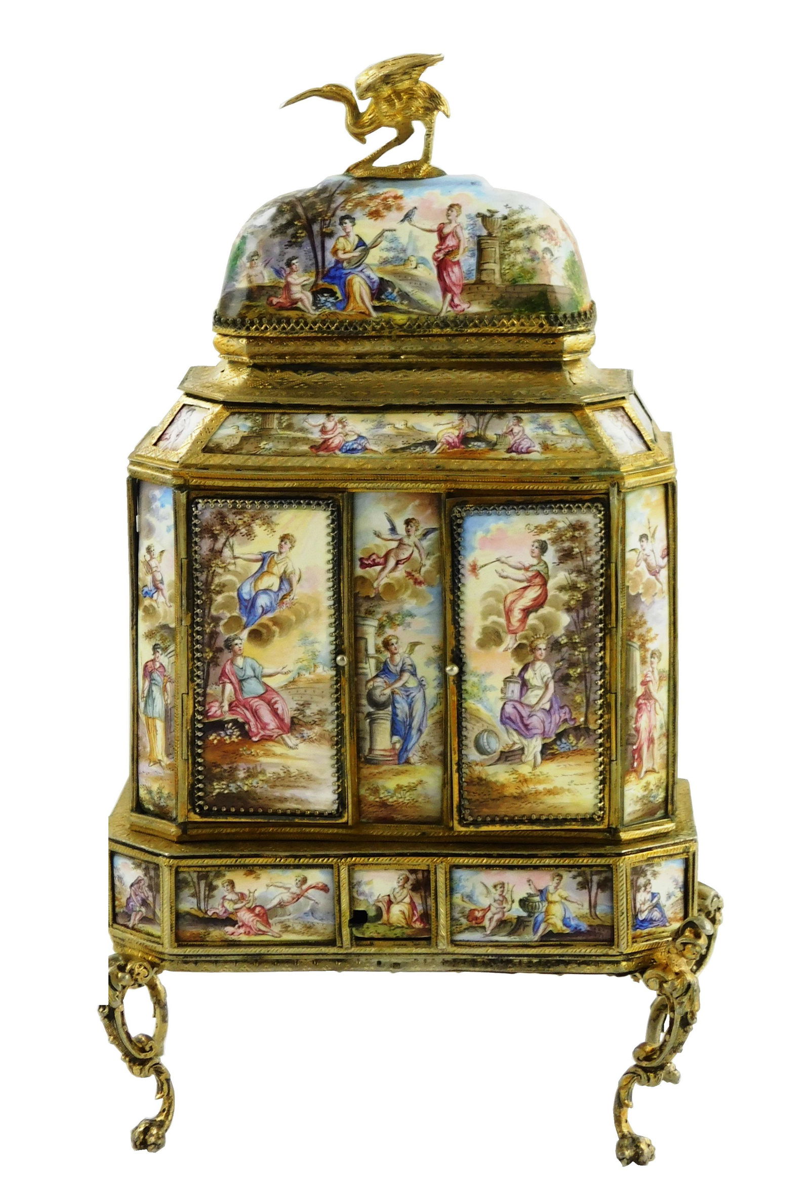 Viennese/ Austrian gilded silver and enamel chest on stand, 19th C., hand-painted panels featuring (1 of 7)