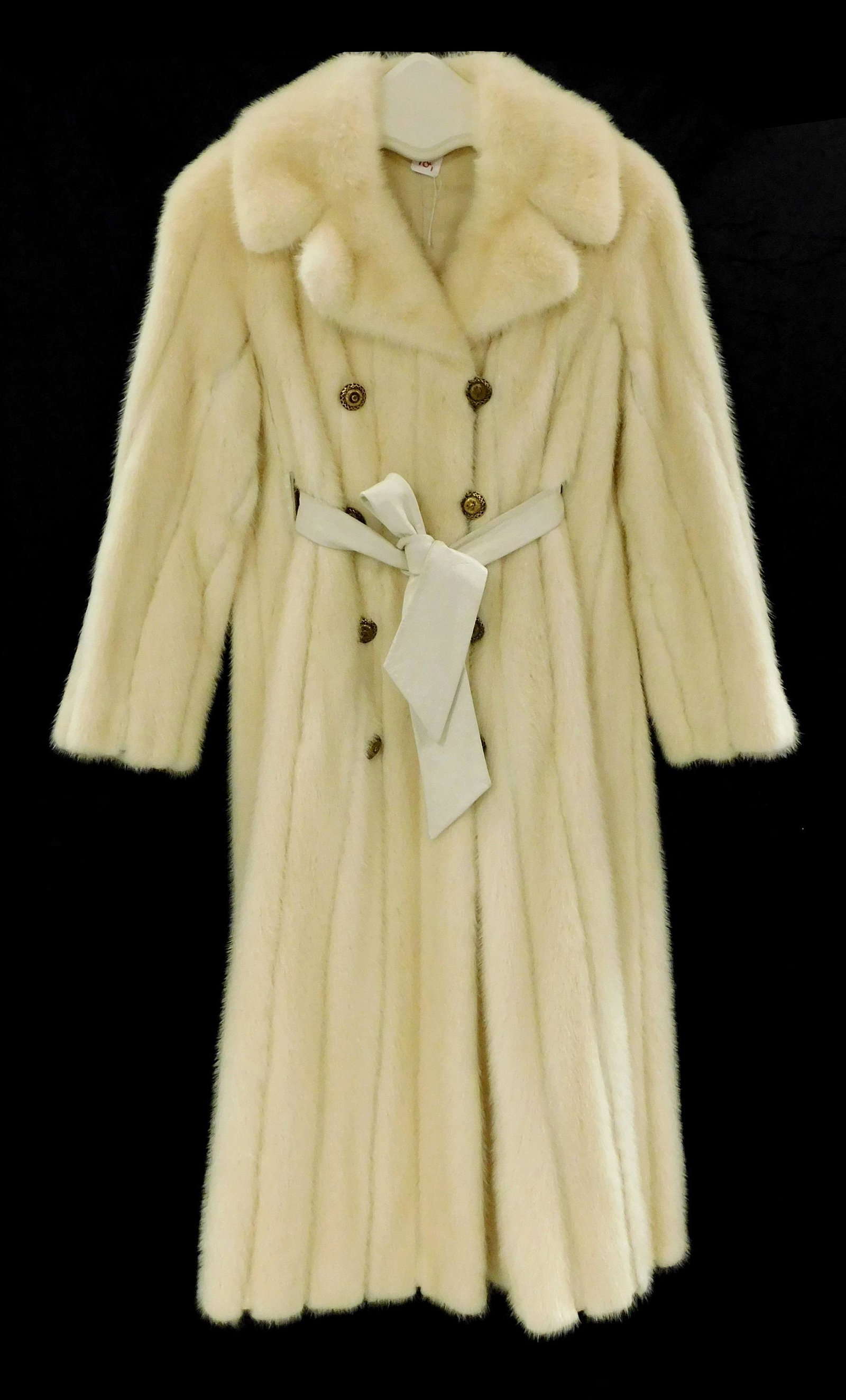 White mink and belted leather trench, vintage, double breasted with two rows of five buttons, (1 of 4)