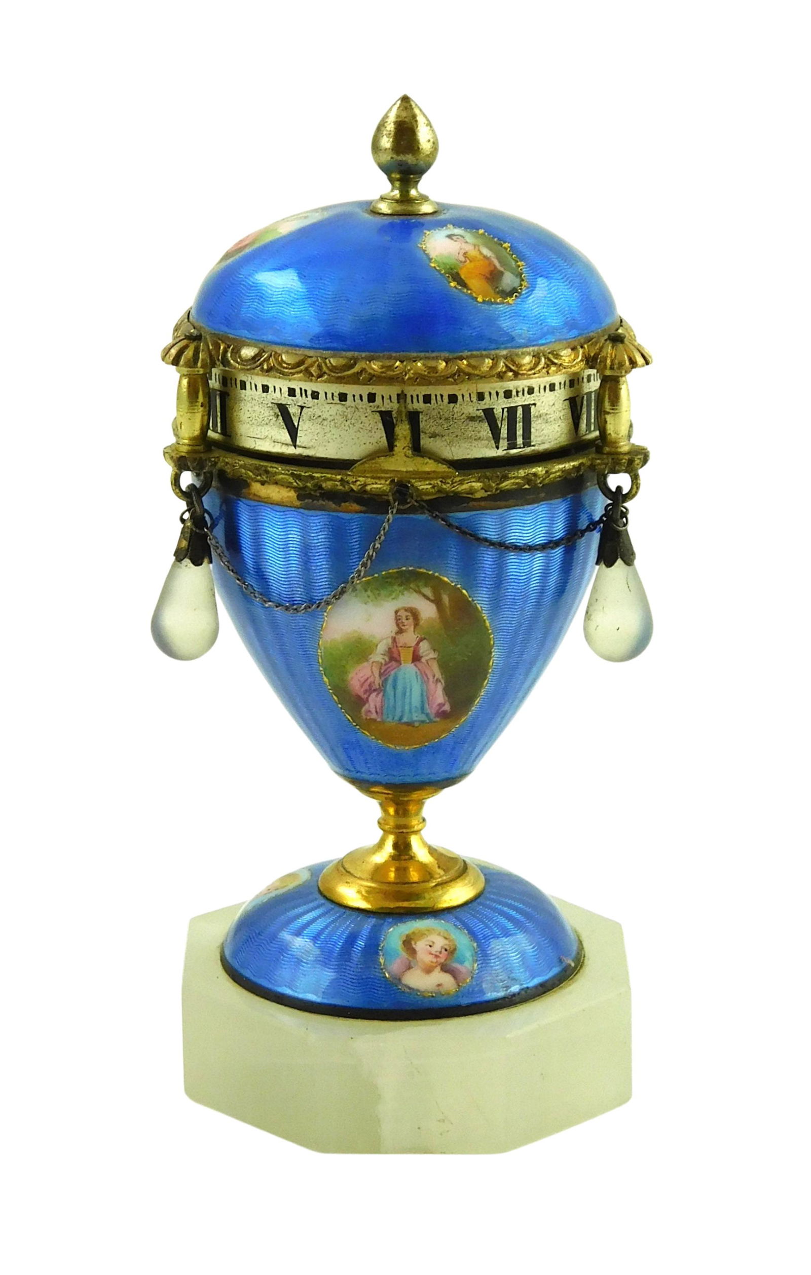 Viennese blue guilloche enamel annular clock, late 19th/ early 20th C., egg or urn form with (1 of 5)