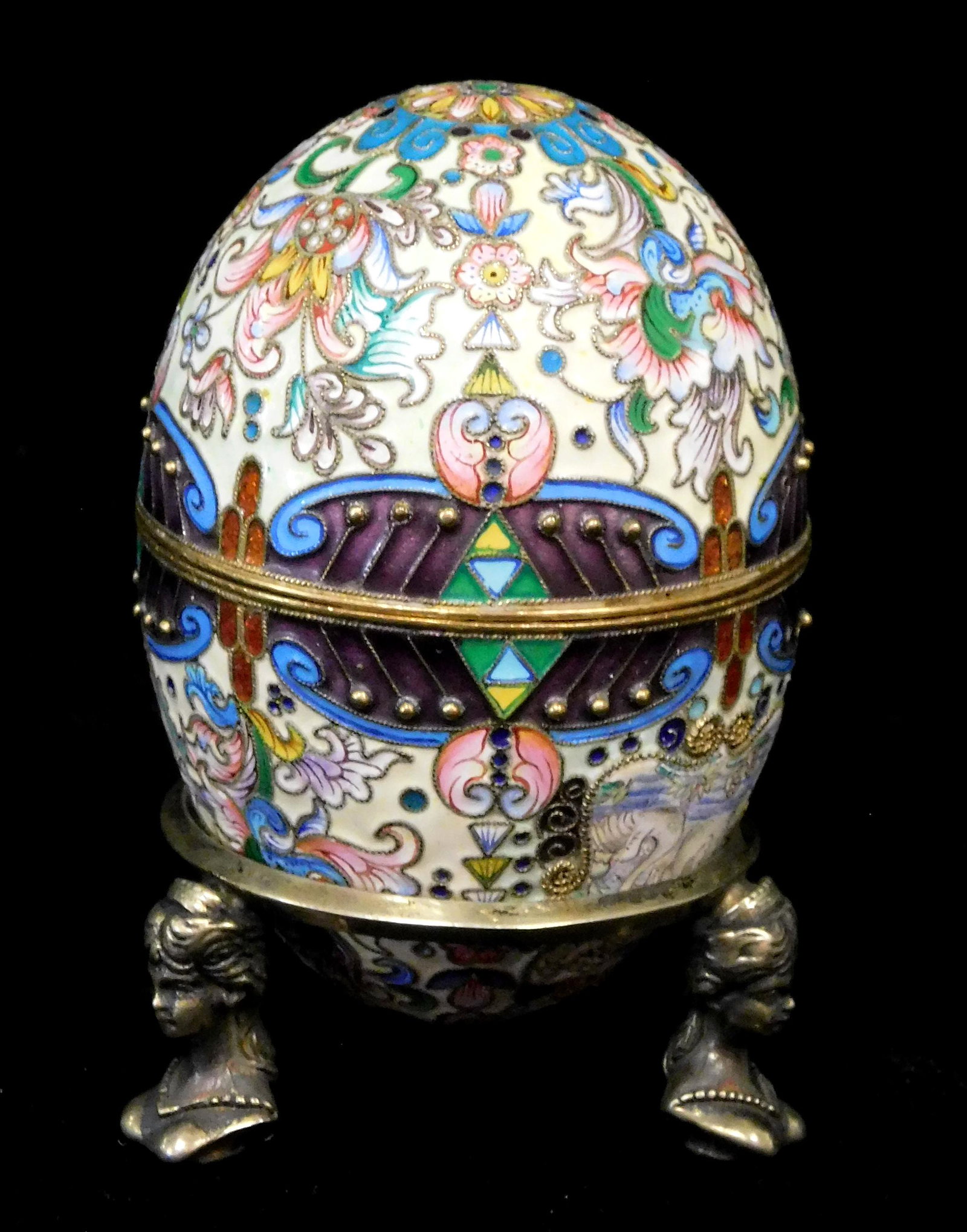 Russian silver and cloisonnÃ© egg form trinket box, mid 20th C., gold wash and shaded enamel (1 of 5)