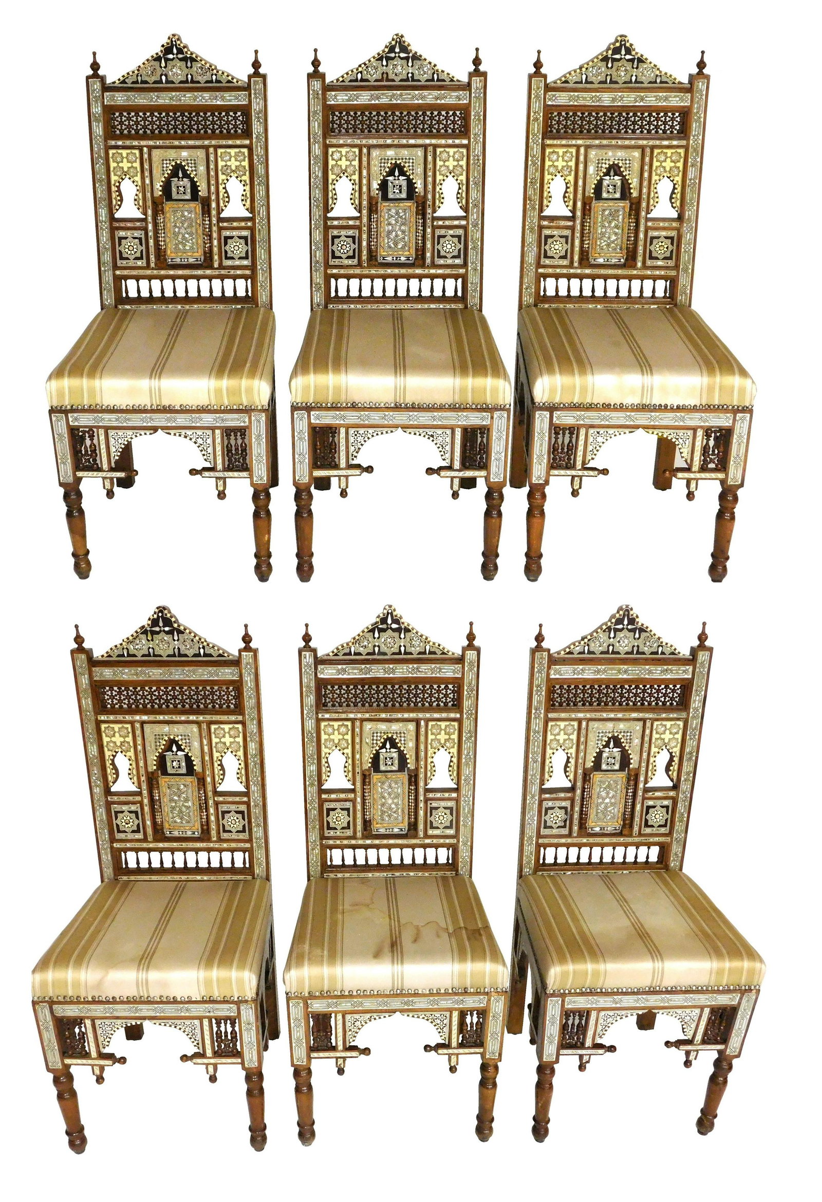 Six Syrian chairs, late 19th/ 20th C., intricately carved reticulated wooden frame inlaid with (1 of 6)
