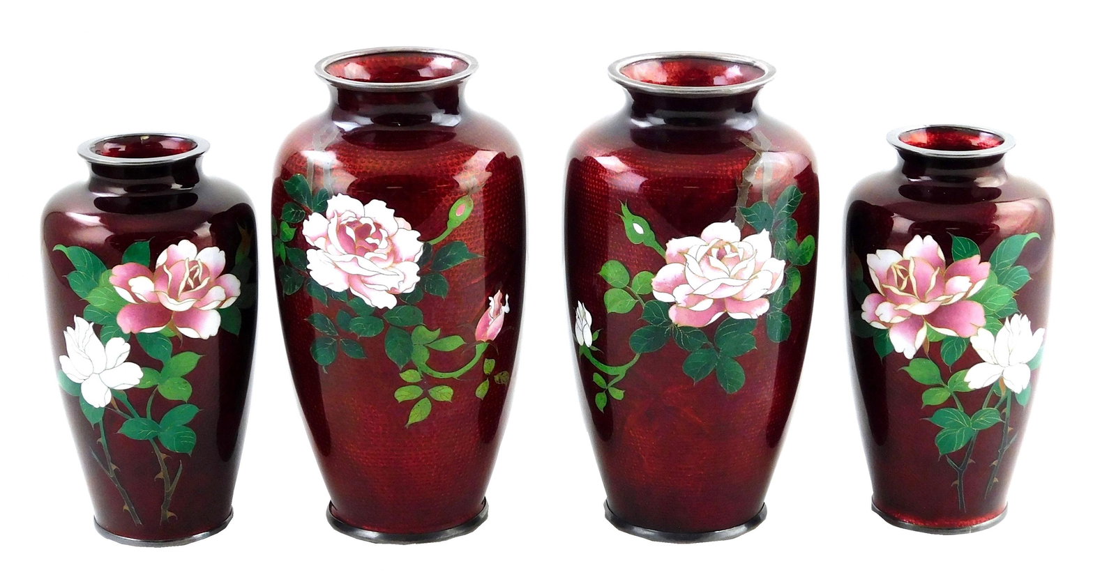 ASIAN: Two pairs of Japanese guilloche cloisonne vases, ox-blood red enamel ground with subtle bird (1 of 2)
