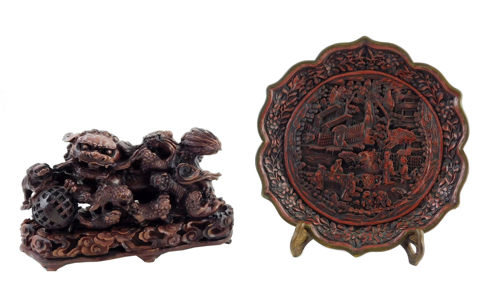 ASIAN: Two Chinese carved items, the first, cinnabar style lacquer plate, figural scene of village (1 of 5)
