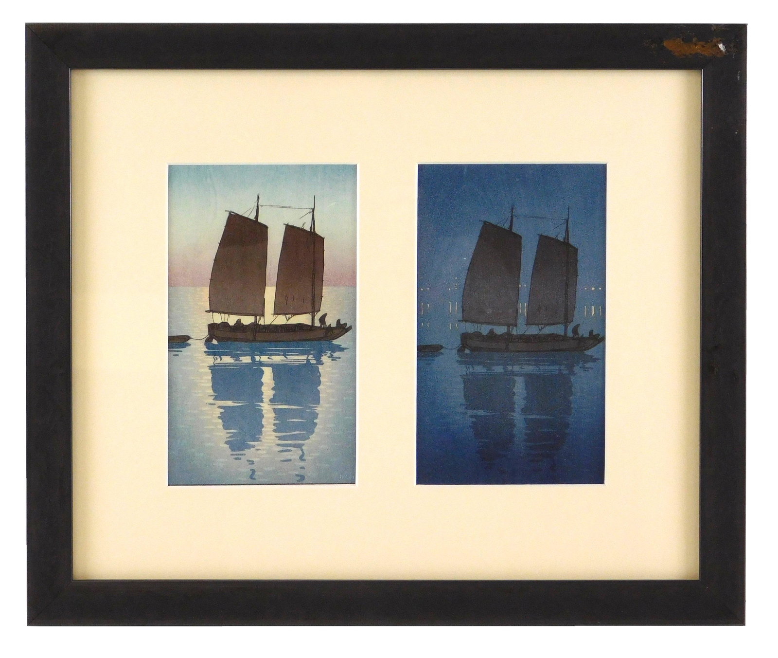 ASIAN: Hiroshi Yoshida (Japanese, 1876-1950), "A Junk" dyptich, two miniature woodblock prints (1 of 5)