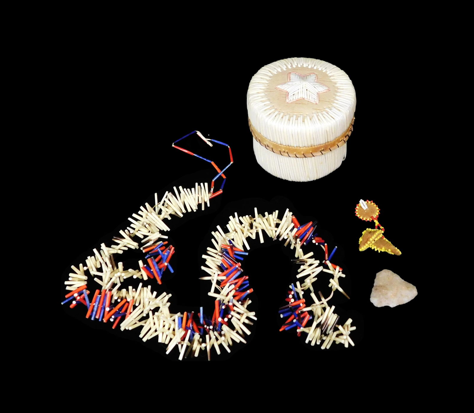 Four Native American items: an Ojibwa quilled birch bark box, star pattern on top, 2 1/2" h.; a (1 of 3)