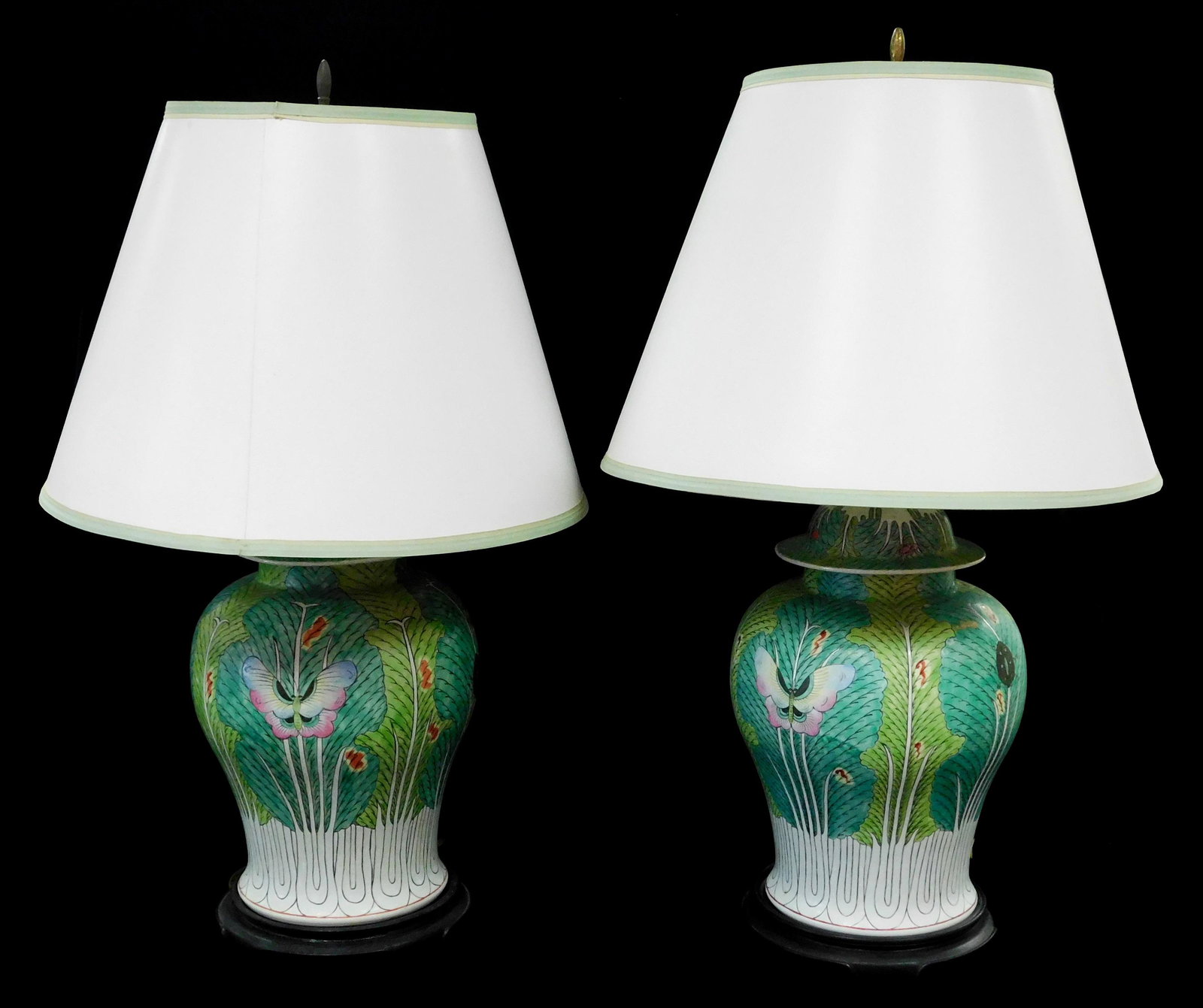 ASIAN: Pair of covered porcelain urns, Chinese, 20th C., polychrome â€œcabbage leafâ€ pattern with (1 of 5)