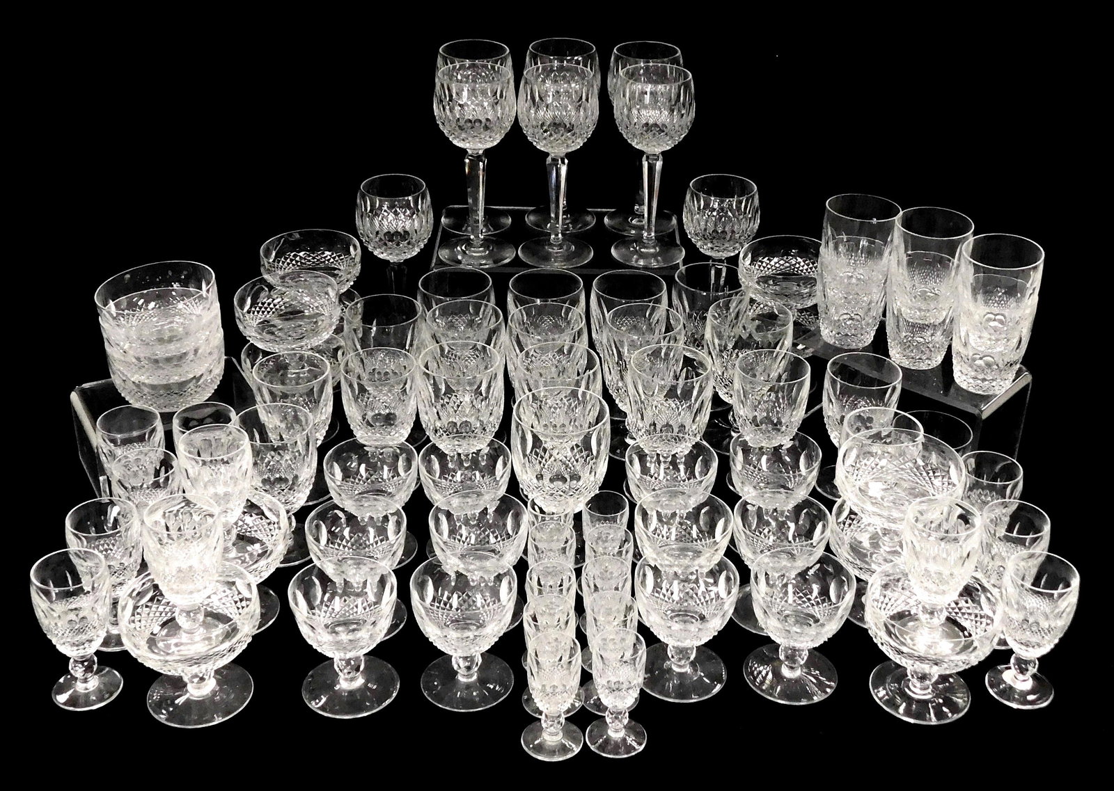 Waterford Crystal, 80+ pieces of 'Colleen Short Stem' pattern including: eight Hock Wine goblets, 7: Waterford Crystal, 80+ pieces of 'Colleen Short Stem' pattern including: eight Hock Wine goblets, 7 1/2" h.; twelve water goblets, 5 1/4" h.; six claret glasses, 4 3/4" h.; twelve sherry glasses, 4 1/