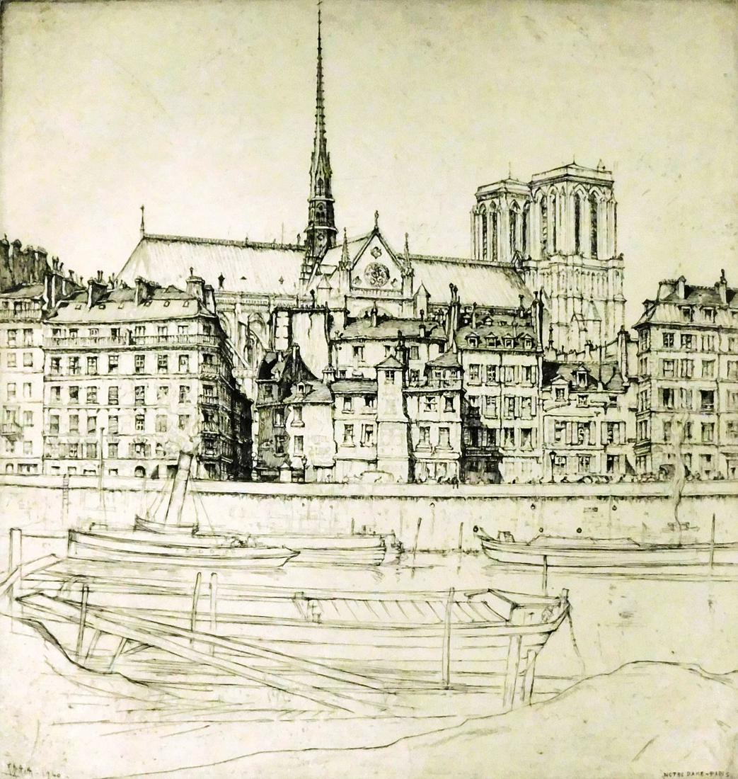 +Ernest David Roth (American, 1879 - 1964), "Notre Dame, Paris", 1940, etching, signed and titled in (1 of 4)