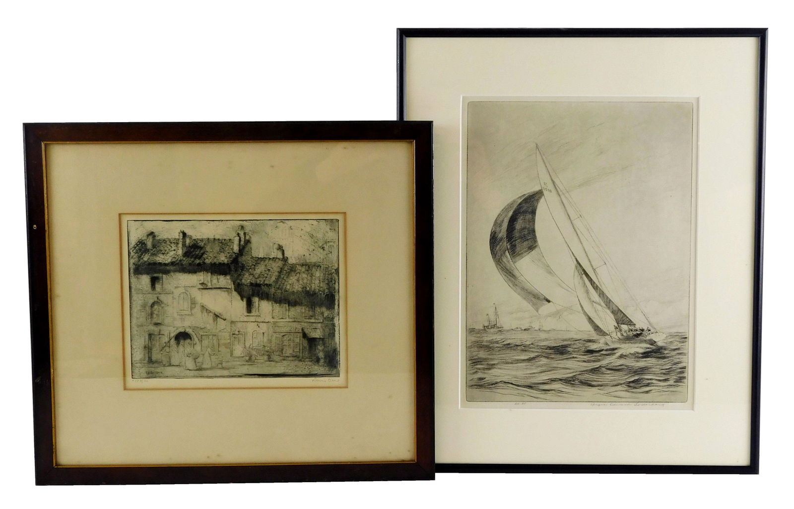 Two framed etchings by CT artists, the first by Yngve Edward Soderberg (American, 1896 - 1971): Two framed etchings by CT artists, the first by Yngve Edward Soderberg (American, 1896 - 1971) sailboats out on the water, Ed. 85, pencil signed lower right, ss: 12" h. x 9" w.; along with Louis Orr (