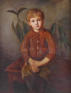 +Bernard Karfiol (American, 1886 - 1952) "George", 1909, oil on canvas, portrait of artist's son, a: +Bernard Karfiol (American, 1886 - 1952) "George", 1909, oil on canvas, portrait of artist's son, a young boy with blonde hair, seated on a bench, hands crossed, he wears a brown tunic with buttons, l