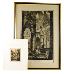 +Louis Orr and Herman Armour Webster, two American etchings, one framed and one unframed, details: +Louis Orr and Herman Armour Webster, two American etchings, one framed and one unframed, details include: Louis Orr (American, 1879 - 1966), "La Cathedrale de Reims - Transept", framed etching, unsig