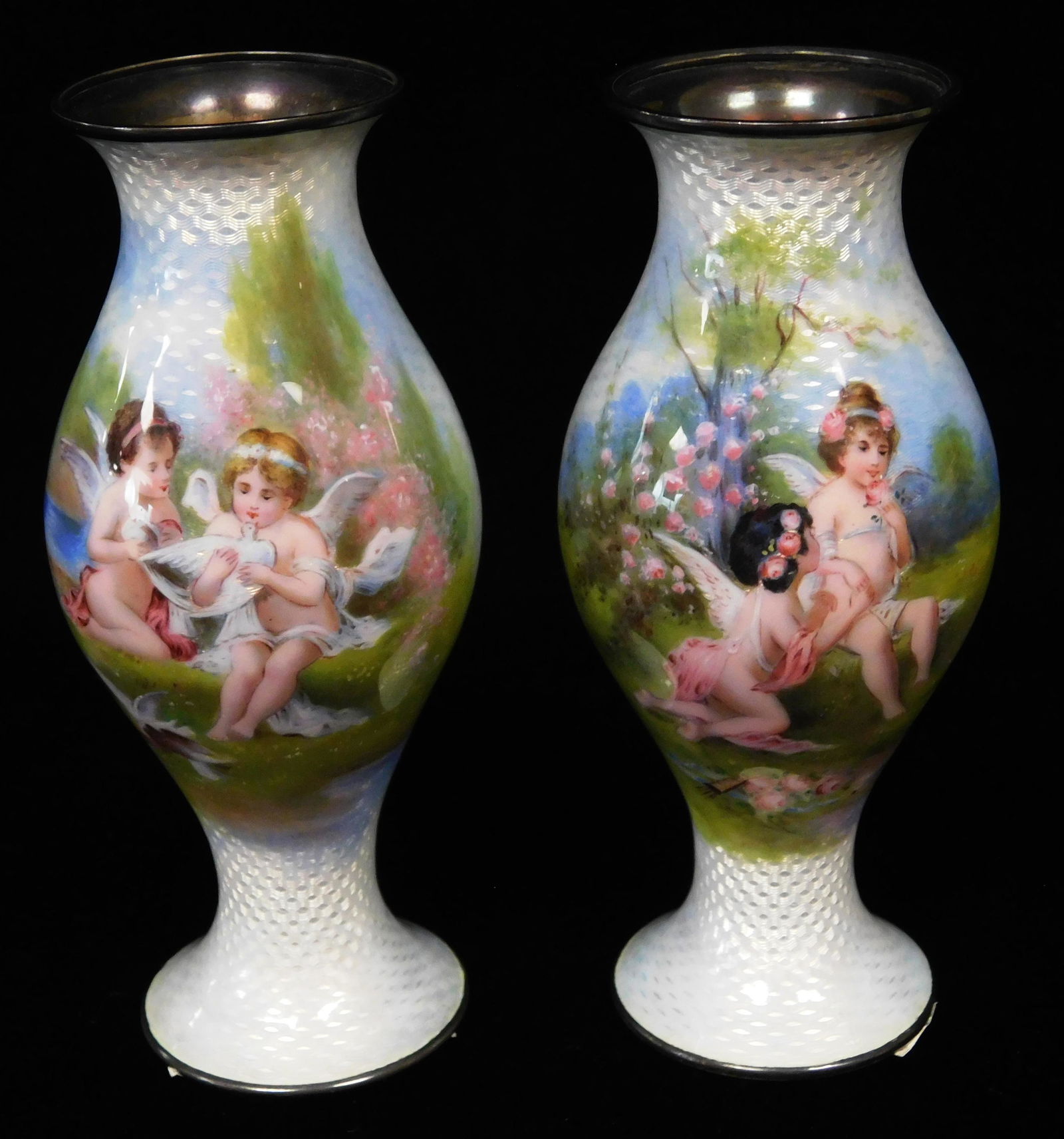 German sterling silver and guilloche enamel vases, late 19th C., pair, baluster form with tapered (1 of 6)