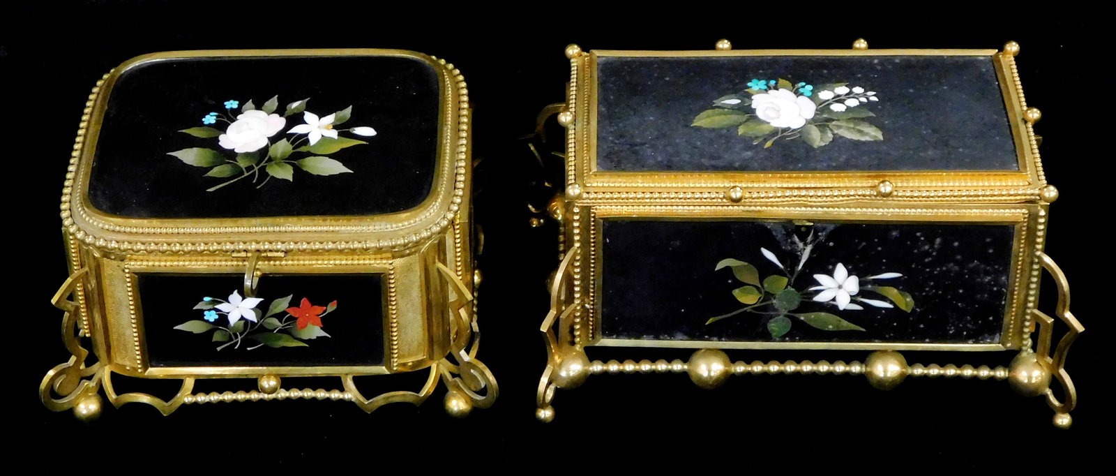 Two pietra dura boxes, Italian, 20th C., gilded metal frames with spiral and ball motif inset with (1 of 4)