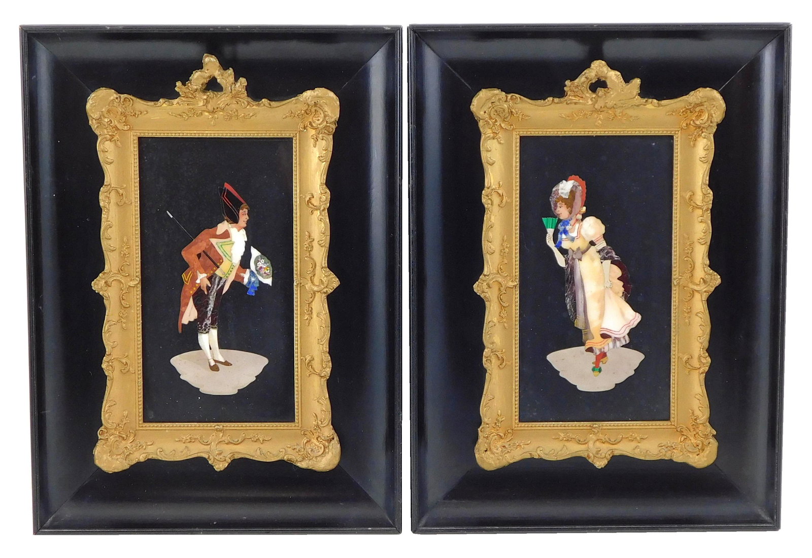 Pietra dura, pair of framed figural plaques, Italian, late 19th/ 20th C., each inset with carved (1 of 5)