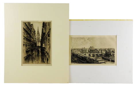 Two Continental etchings of iconic landmarks by Maxime Lalanne and Paul Geissler, details include:: Two Continental etchings of iconic landmarks by Maxime Lalanne and Paul Geissler, details include: Maxime Lalanne (French, 1827 - 1886), "Paris from the Windows of the Louvre", unframed etching, signe