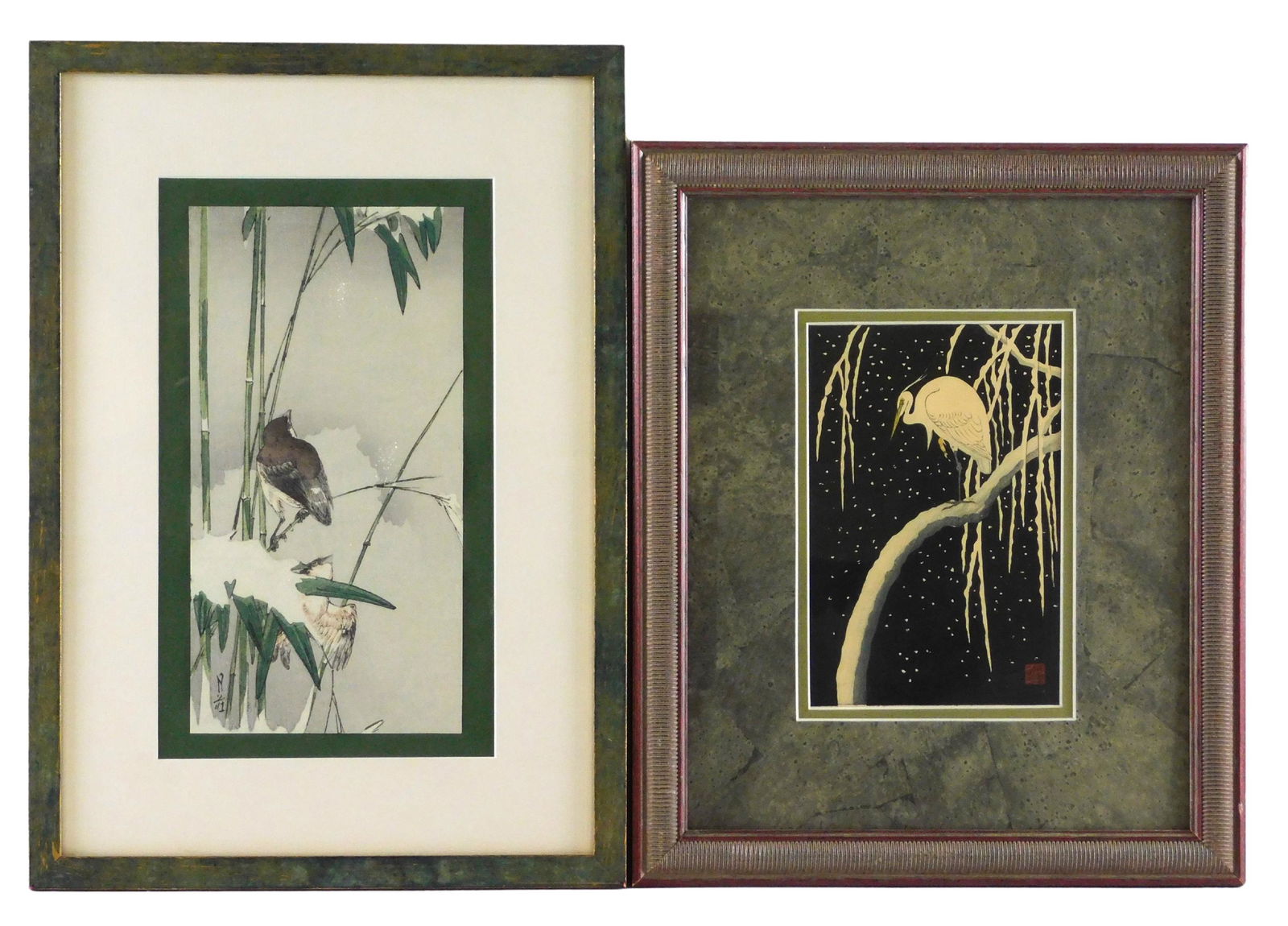 ASIAN: Two woodblock prints with birds in snow, the first by Yoshimoto Gesso (Japanese 1881-1936), (1 of 8)