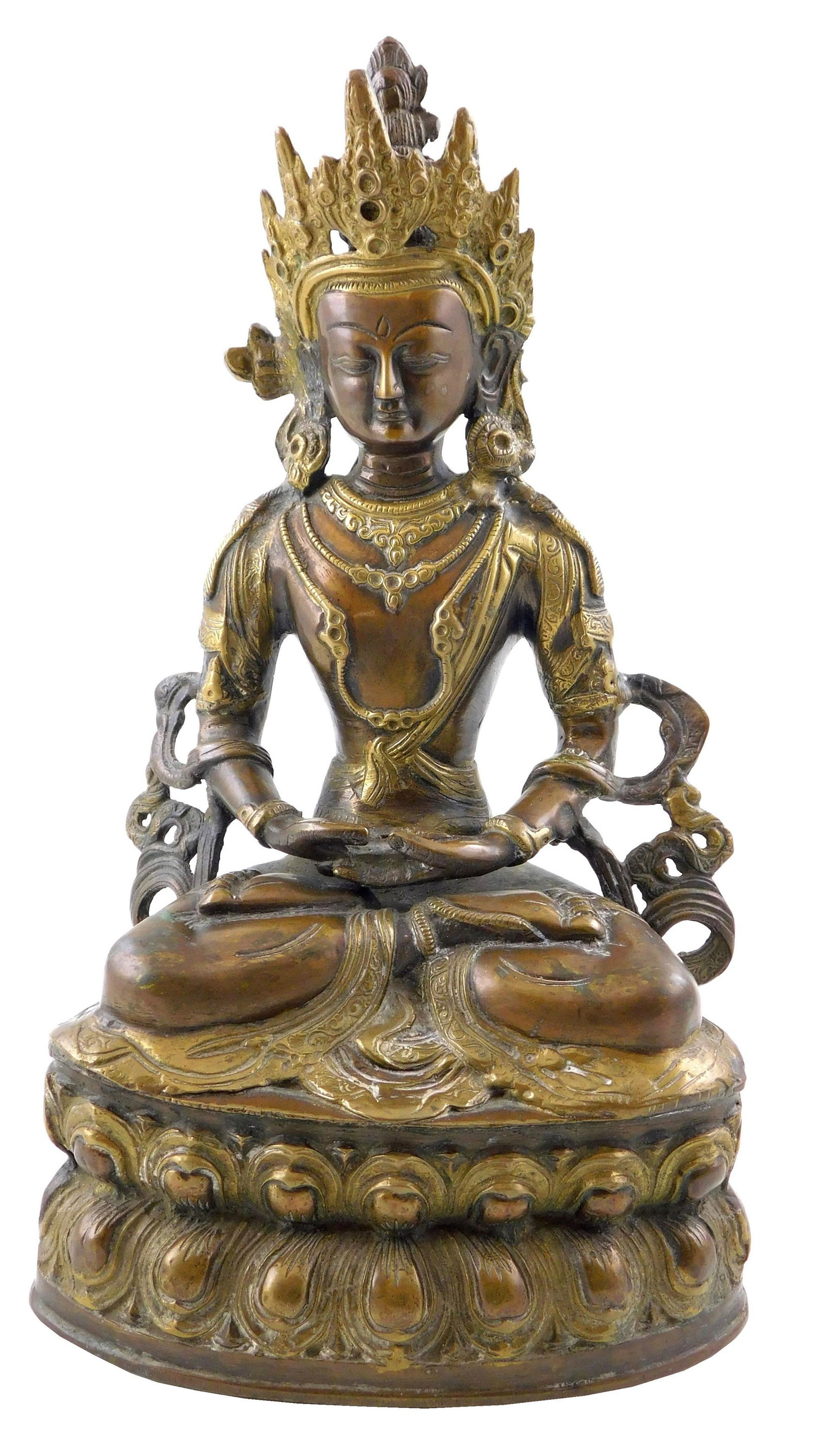 ASIAN: Mixed metal figure of Amitayus Buddha, Tibet, 20th C.- modern, modeled in meditative pose and (1 of 4)