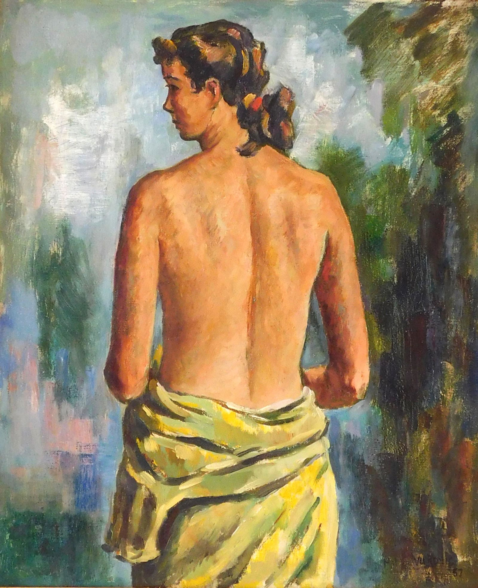 Marko (Mark) Walker Vukovic (American / Yugoslavian 1892 - 1973), "Nude", 1957, oil on canvas,: Marko (Mark) Walker Vukovic (American / Yugoslavian 1892 - 1973), "Nude", 1957, oil on canvas, depicts a woman nude from the waist up stands with her back to the viewer, signed and dated lower right,