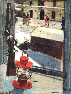 +Eric Isenburger (American, 1902 - 1994), "Winter Day", 1945, oil on canvas, street scene through a: +Eric Isenburger (American, 1902 - 1994), "Winter Day", 1945, oil on canvas, street scene through a window or doorway, with a red lantern in the foreground, signed lower right corner, framed, wear con