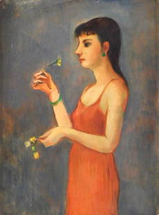 Bernard Karfiol (American, 1886 - 1952), "Lady with Flowers", oil on board, a woman in a red dress: Bernard Karfiol (American, 1886 - 1952), "Lady with Flowers", oil on board, a woman in a red dress stands in profile, holding a small bunch of flowers, she wears green earrings and bracelet, unsigned,