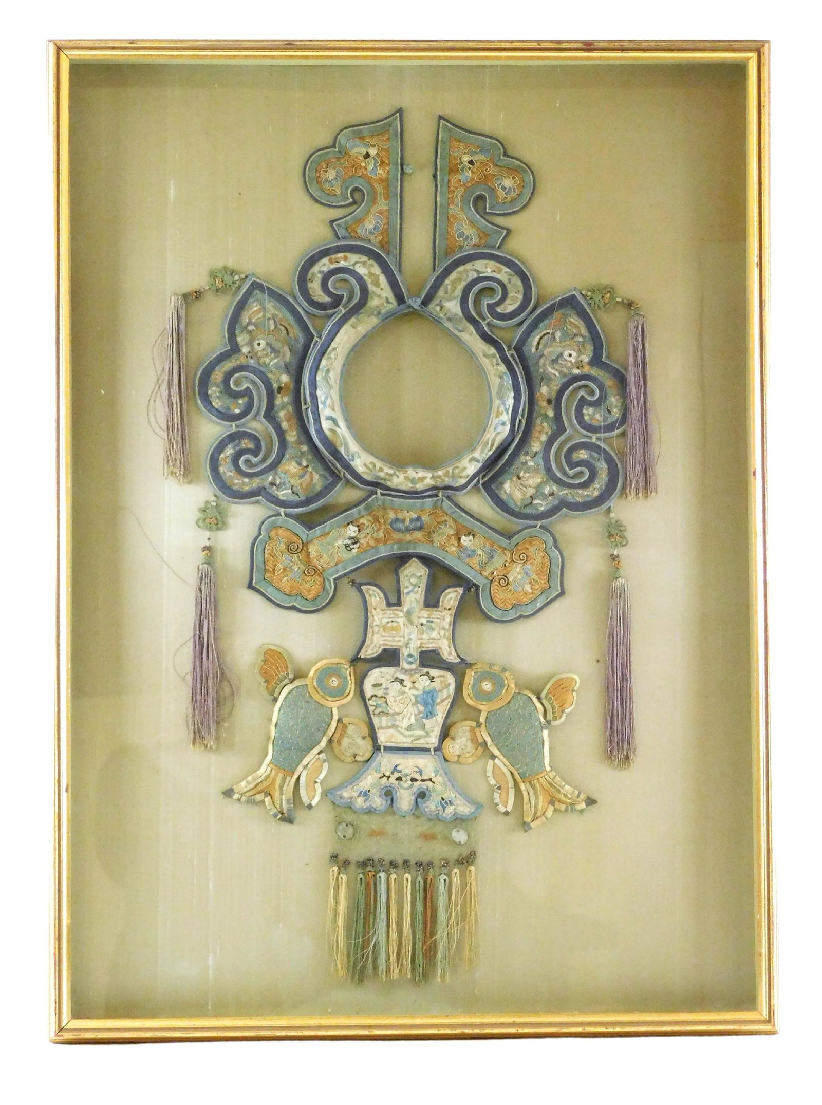 ASIAN: Embroidered antique collar and ornament, Chinese, 19th/ early 20th C., silk with gold (1 of 3)