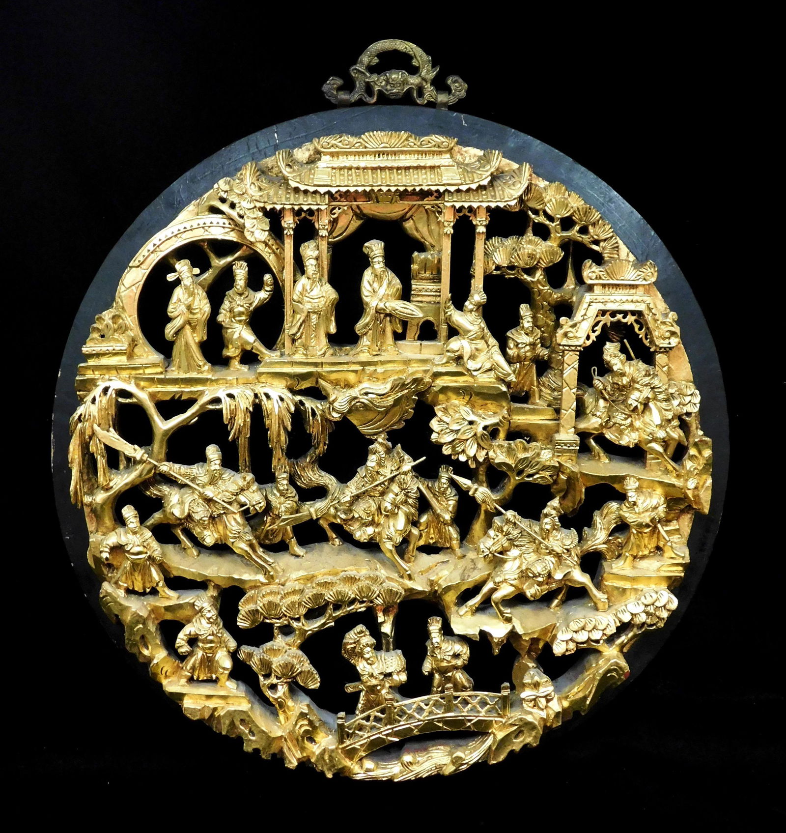 ASIAN: Antique circular carved and gilded battle scene, Chinese, 20th C., reticulated and carved in (1 of 8)