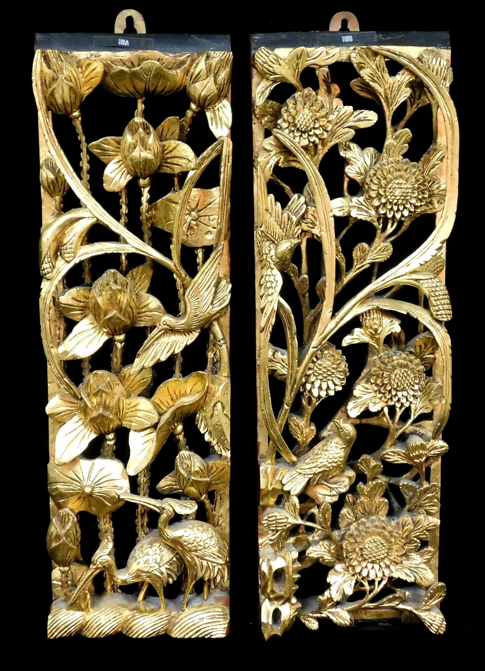 ASIAN: Two carved and gilded architectural panels, Chinese, 20th C., details include: one with (1 of 3)