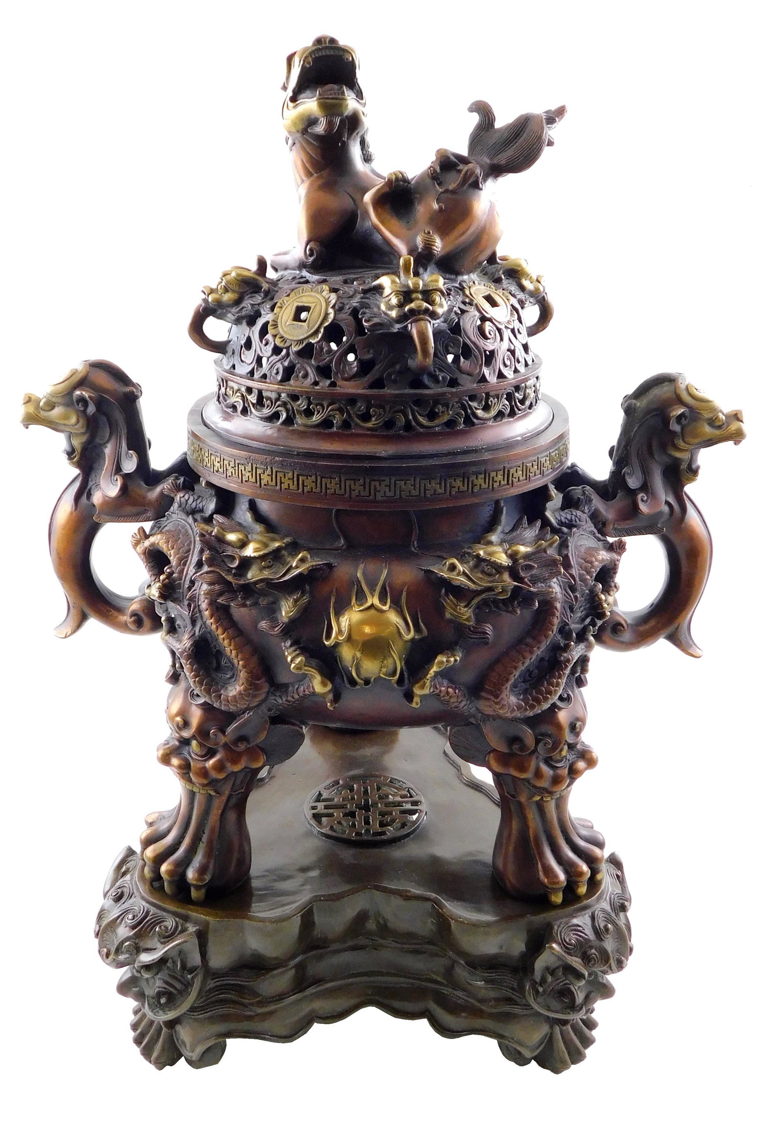 ASIAN: Chinese bronze censor on stand, 20th C., gilded accents, foo lion finial on reticulated dome (1 of 7)