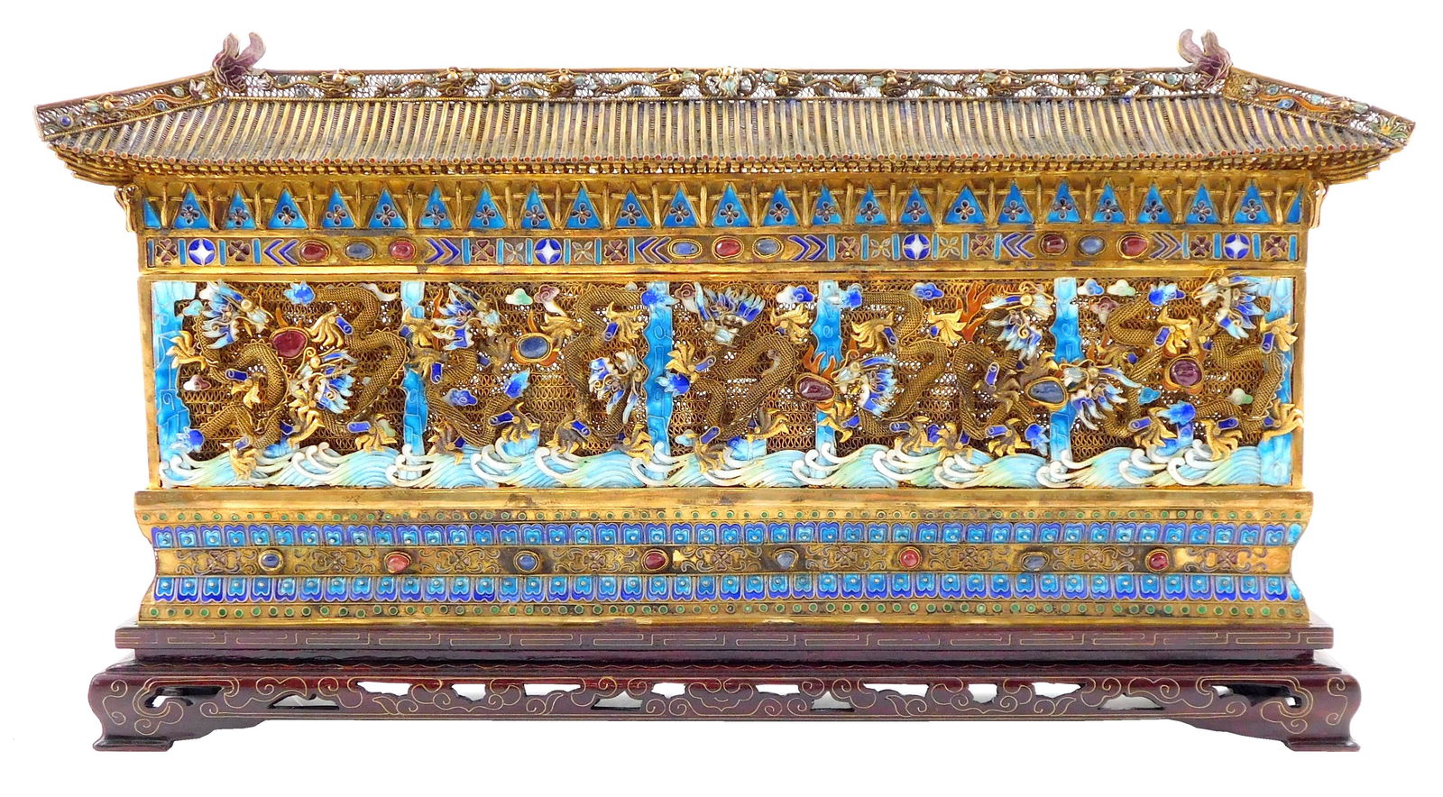 ASIAN: 20th C. Chinese gilded silver filigree temple with shaded enamel and mounted cabochon (1 of 6)