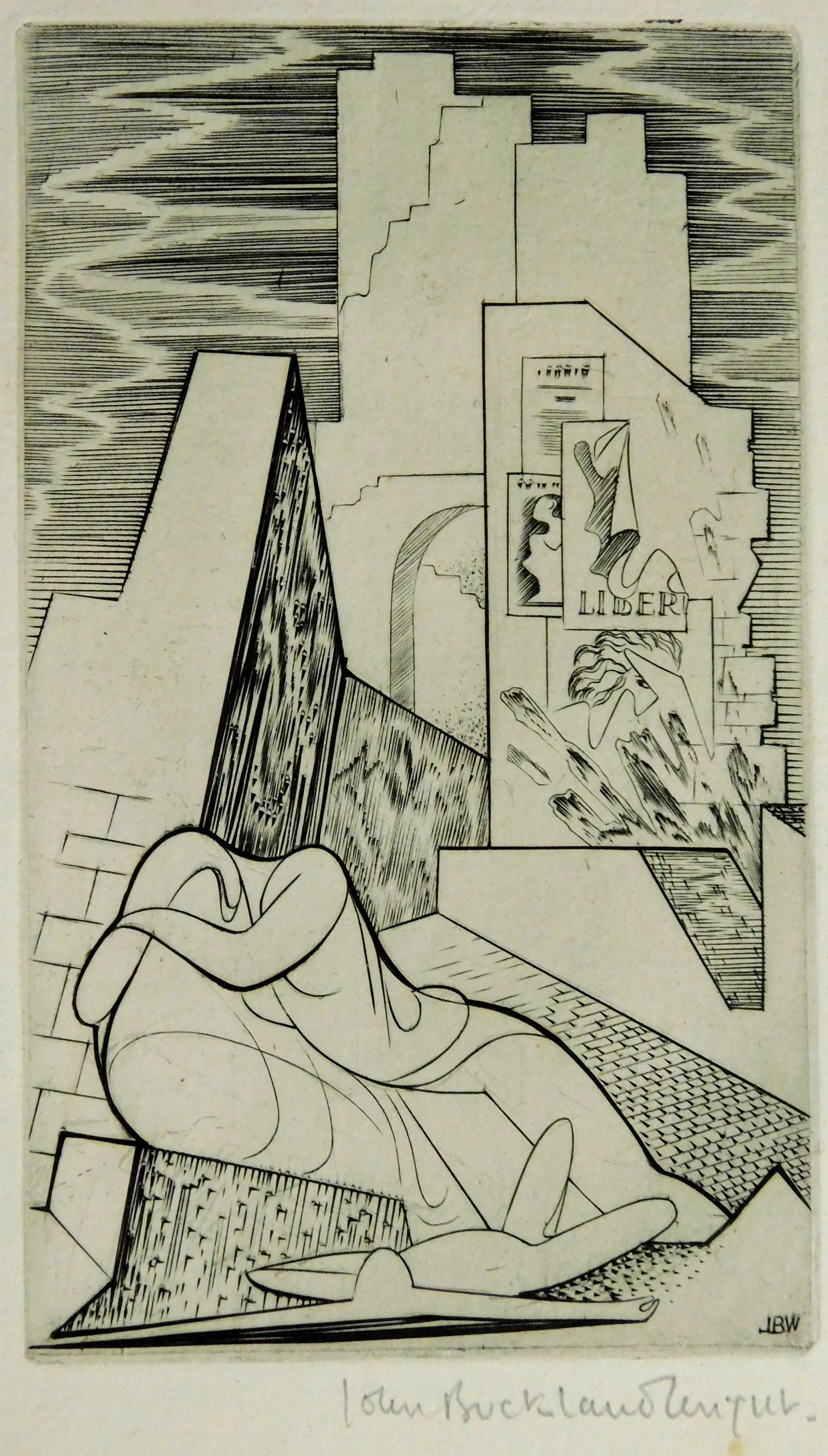 +John Buckland Wright (British, 1897 - 1954), "Untitled", 1938, engraving, from the "Fraternite: +John Buckland Wright (British, 1897 - 1954), "Untitled", 1938, engraving, from the "Fraternite Portfolio", depicts abstracted figure among ruins, commemorating the Spanish Civil War, signed in pencil